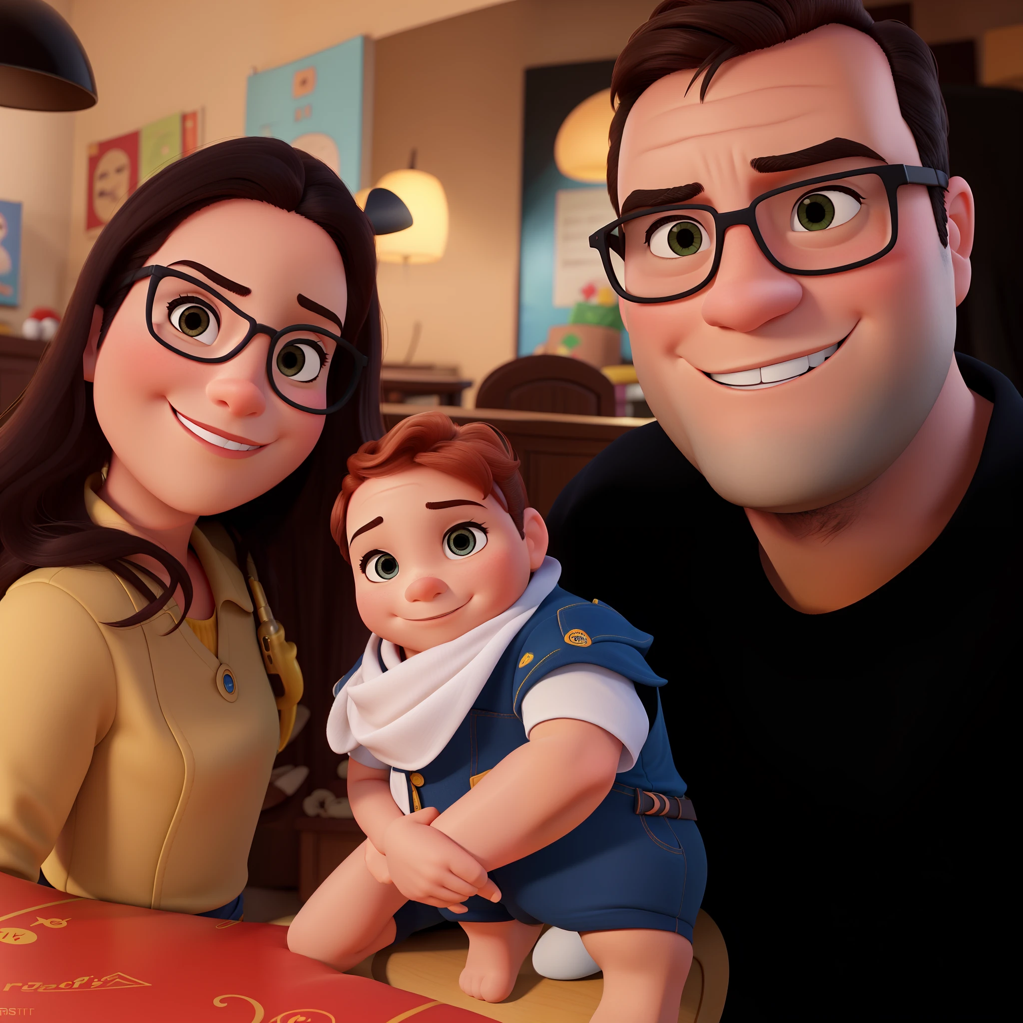 Foto estilo retrato, fundo desfocado, mulher, bebe e homem. Estilo poster disney pixar