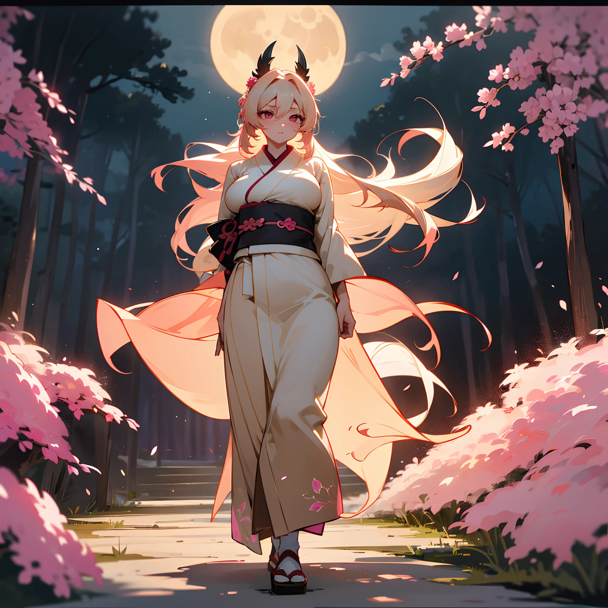 Adult, 1female, big breast, long ombré beige hair with red highlights, finely detailed pink eyes, dark village, kimono, walking through a path of flowers, moonlight