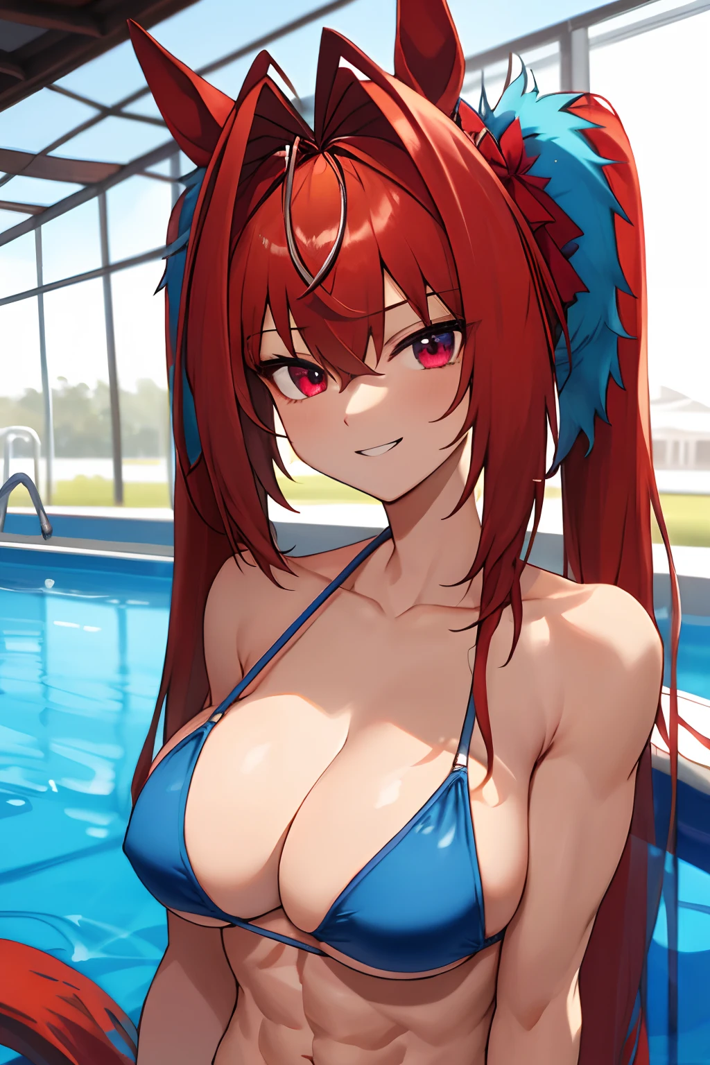 daiwa scarlet \(umamusume\), masterpiece, best quality, ultra-detailed face, muscle, abs, frontage, upper body, detailed clear eyes, plain bikini, horse tail, slender, pool, light smile, large tits