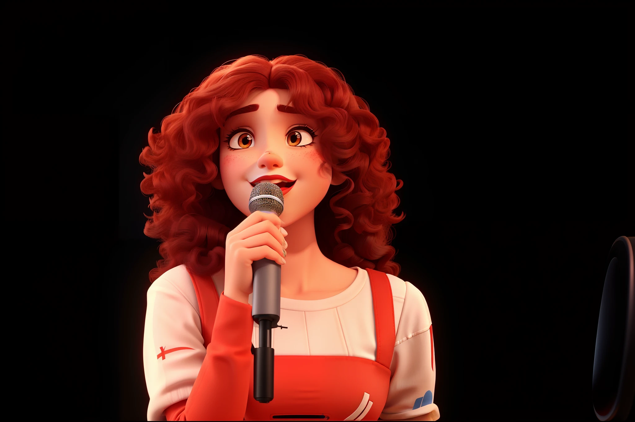 criar um poster da disney pixar com a cantora Juh Rocha, jovem de 19 anos, cabelos muito cacheados, usando blusa vermelha e luvas vermelhas com os dedos de fora e segurando um microfone sem fio, She's singing and very happy, Is wearing makeup with red lipstick and red artistic eyeshadow