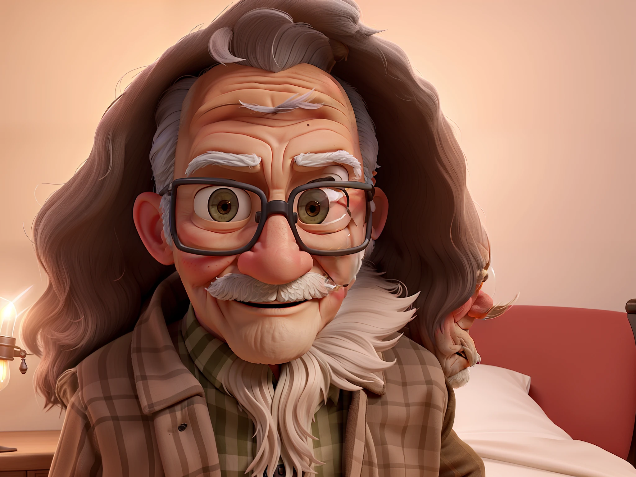 A wise old man standing in front, illuminated by the light of a lamp, against the backdrop of a library