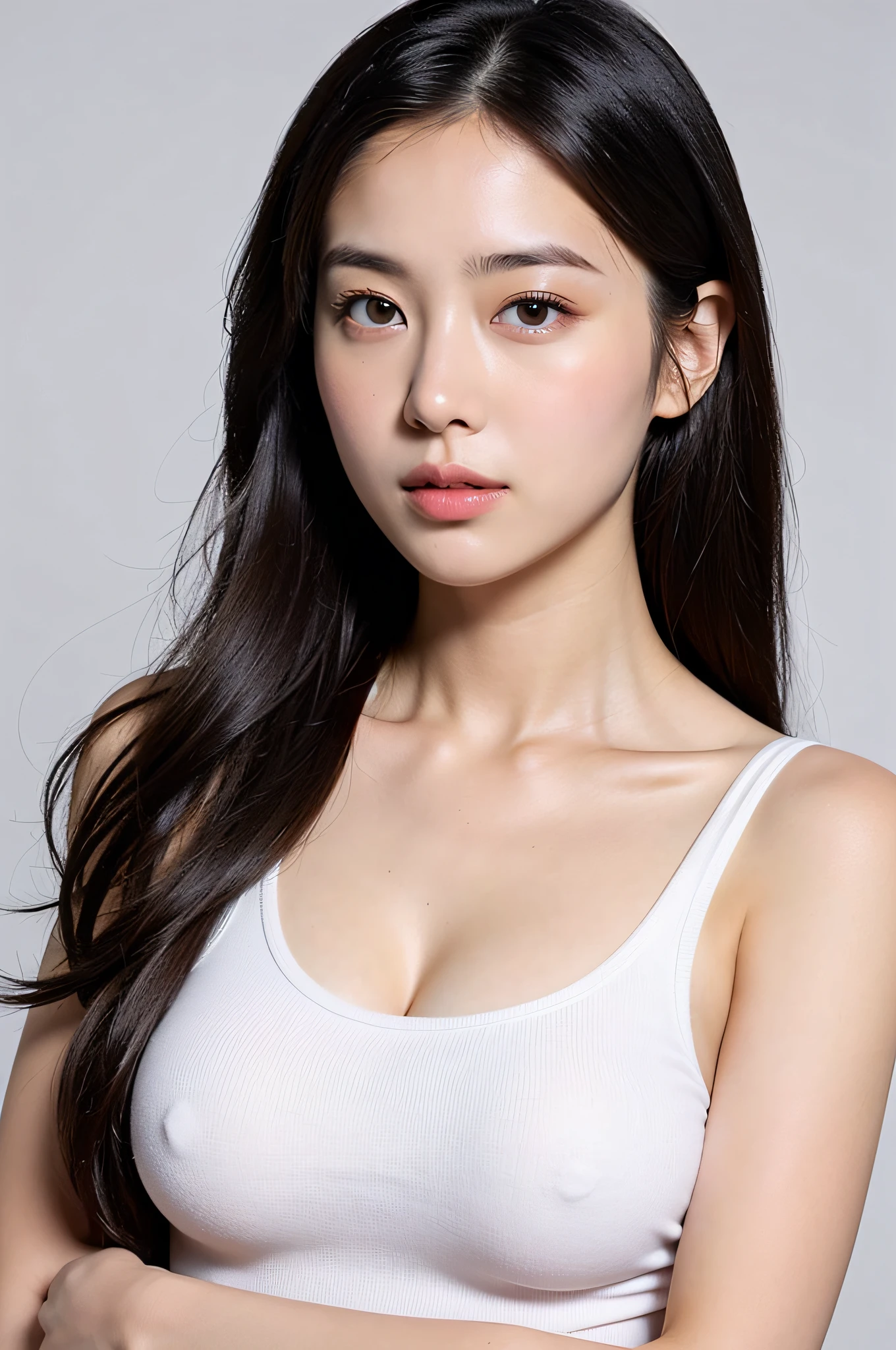 (extra detailed body、extra detailed face、best qualtiy:1.2)、Beautuful Women、huge tit、looking at the viewers、(white tank tops)、(simple background:1.4)