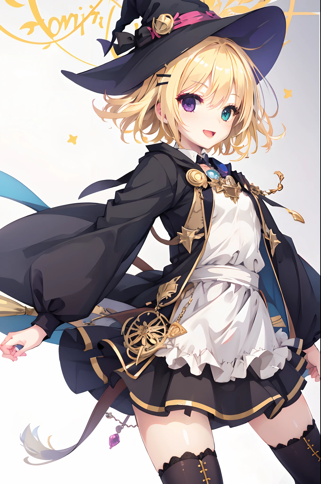  girl,Smile with open mouth,short blonde hair,the witch,hair adornments,Heterochromia,Top image quality,Best Quality