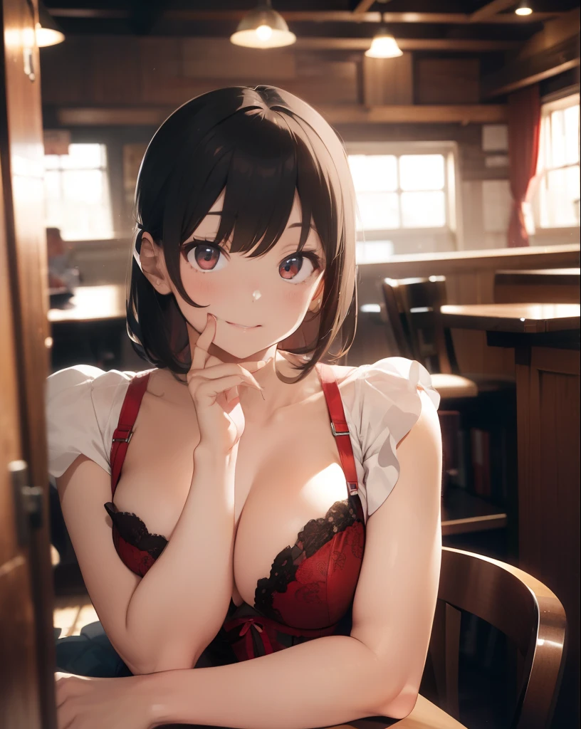 ultra-quality, ultla highres, Hyper Detailed, High contrast, Ultrafine Strike, creative refinement,A dark-haired,Red lingerie,ssmile,Red corset,Red garter belt,Show Pub