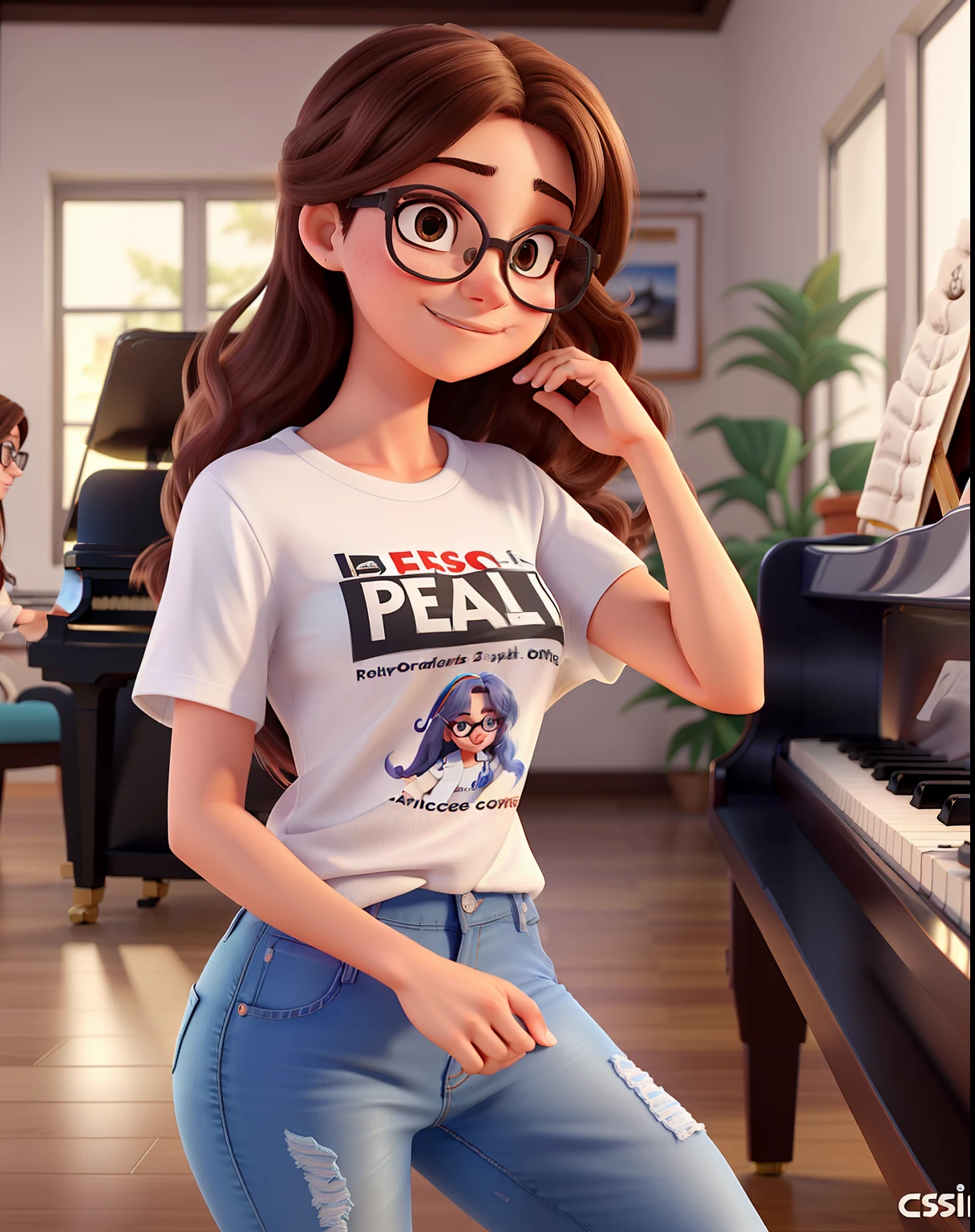 Uma mulher jovem alegre de pele parda com cabelos lisos, castanhos escuros com mechas loiras, Wearing glasses dressed in jeans and white t-shirt, Playing the piano in a large hall