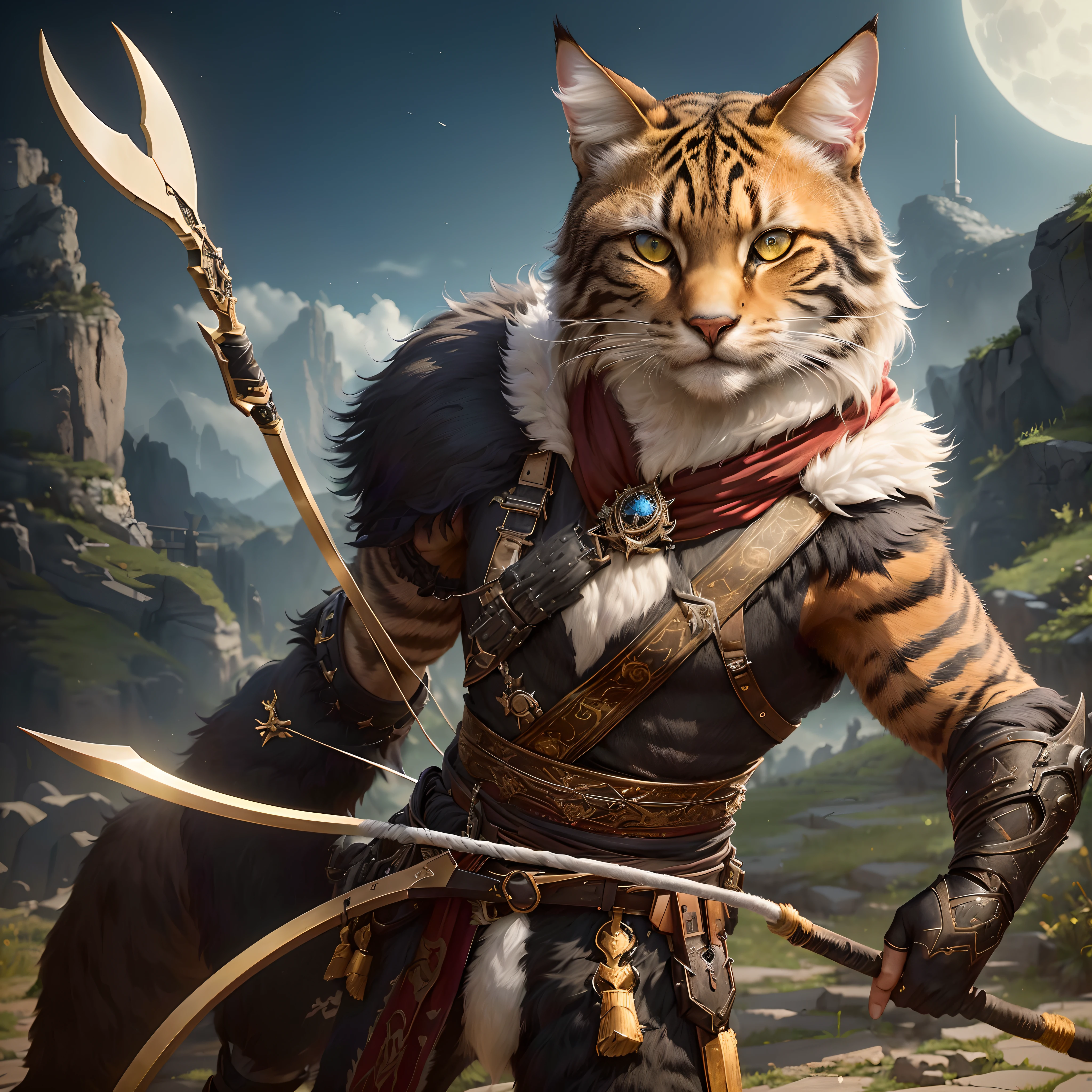 Da ist eine schwarze Katze, die mit Pfeil und Bogen dasteht, Katzen-Krieger, Cat of the Assassins, Auf ArtStation 4K im Trend, Tabaxi Monk, Tabaxi male, anthropomorpher Luchs, Gepanzerte Katze, Anthro Katze, Auf ArtStation HD im Trend, Erstaunliche 8K-Charakter-Konzeptzeichnung, Hochdetaillierte digitale 4K-Kunst schwarzes fell