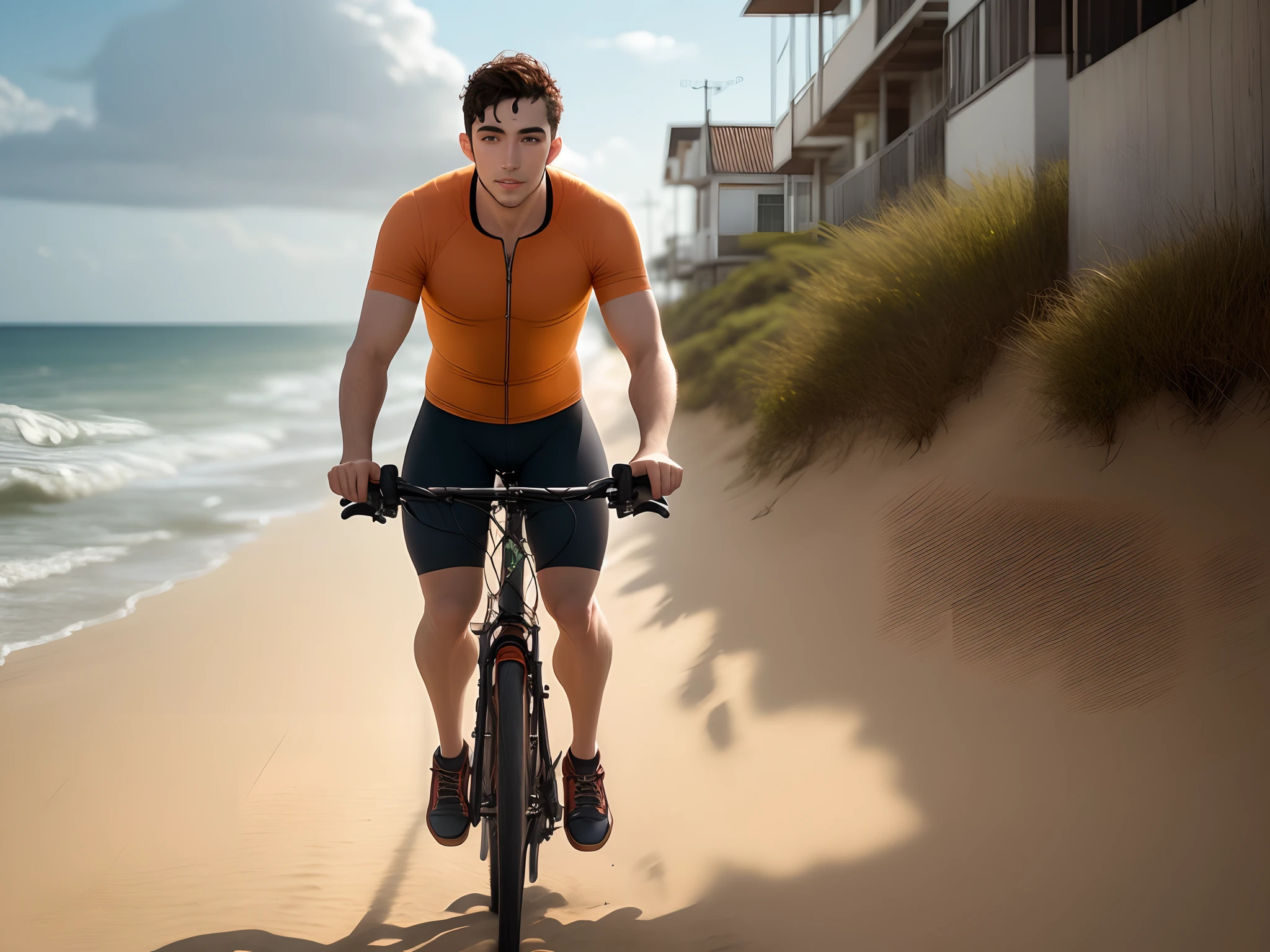 Homem andando de bicicleta em areia quente
