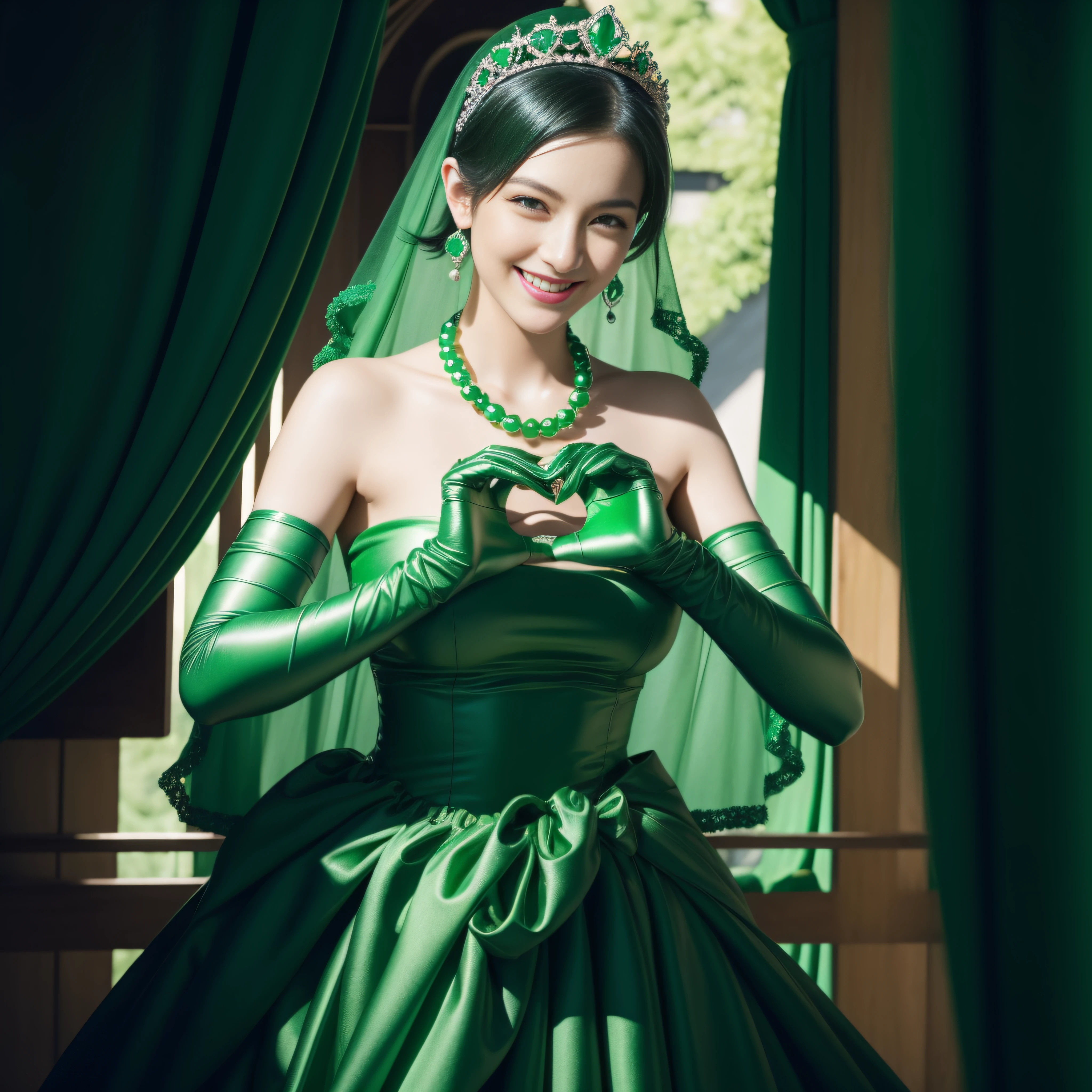 emerald tiara, Green Pearl Necklace, Boyish very short black hair, lipsticks, Japan woman smiling, very short short hair,  big breasts beautiful, Green eyes, Long green gloves made of satin material, Green eyes, Emerald Earrings, green vale, Heart with both hands,Black hair