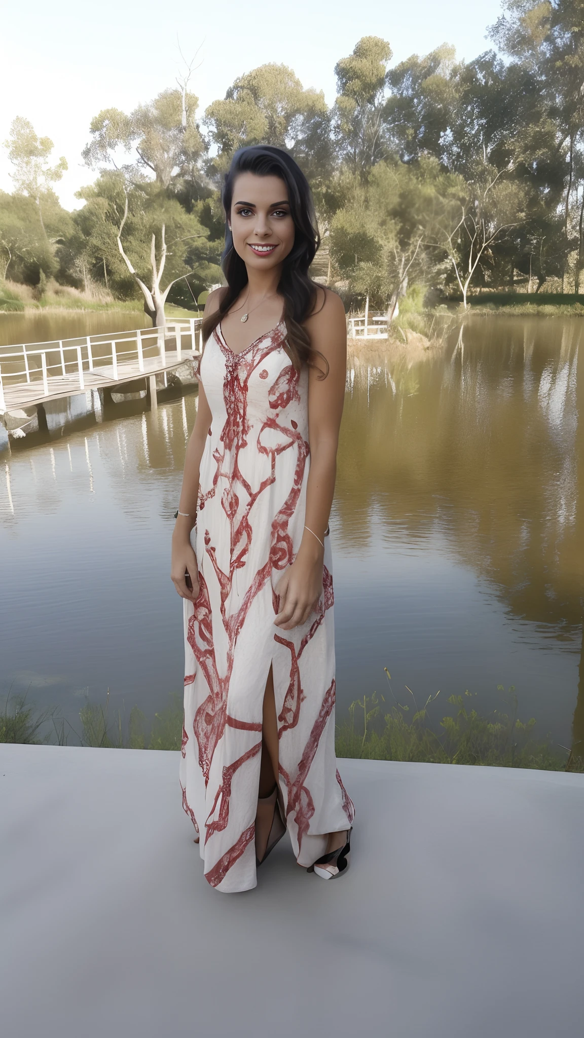 Araffe woman in a dress standing on a concrete ledge near a body of water, usando um vestido longo, vestindo vestido longo, full body photogenic shot, usando um longo vestido florido, vestindo uma elegante roupa tribal, Nivanh Chanthara, usando um vestido elegante, usando um vestido formal, Wearing a flowing dress, usando um vestido de noite