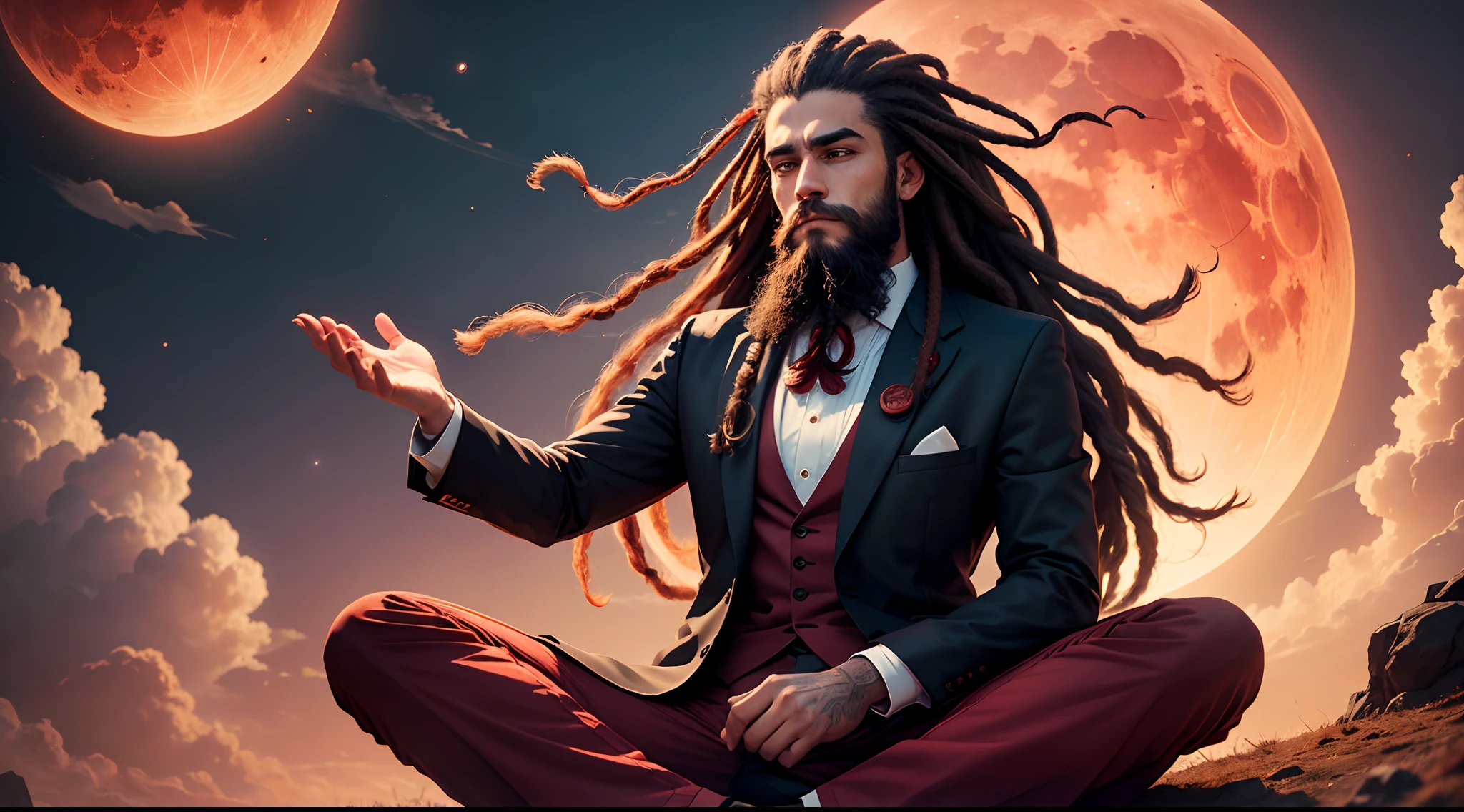 a man with long beard and dreadlock hair, wearing suit , meditating in the air , red moon , clouds