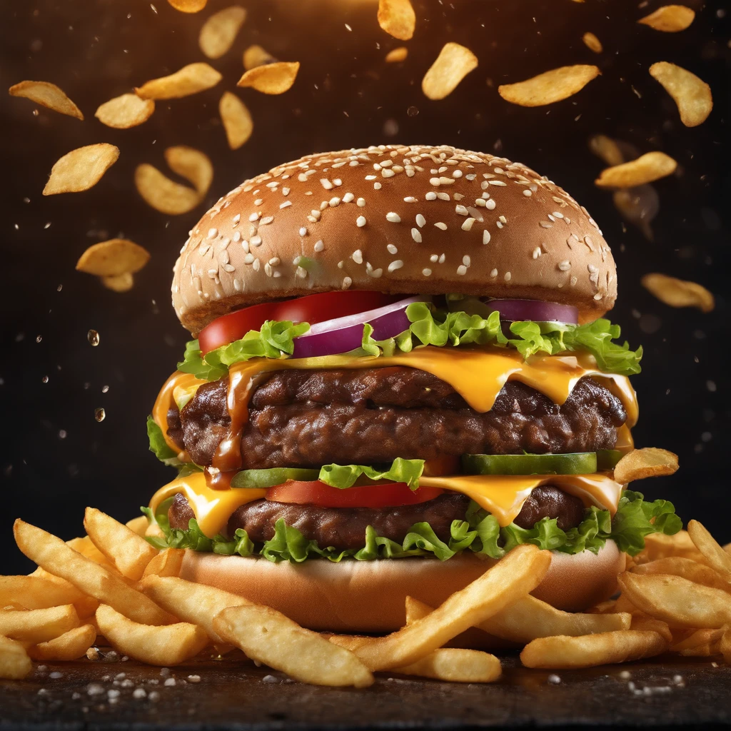 Big burger with rain of chips on a white background realistic image