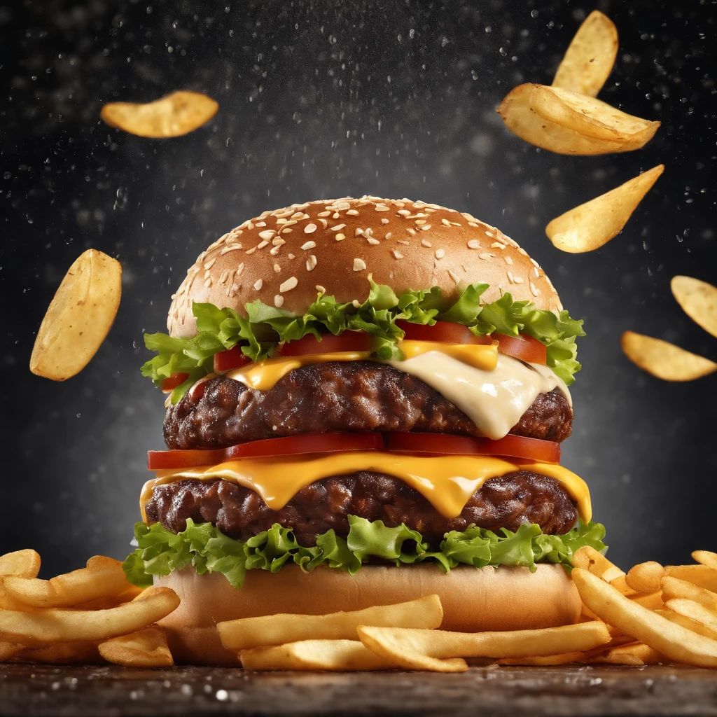Big burger with rain of chips on a white background realistic image