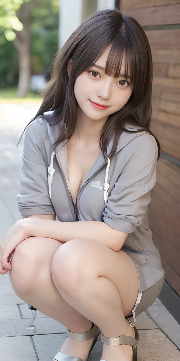 masutepiece, Best Quality, 
Ultra-detailed, finely detail, hight resolution, in 8K,
((Photorealsitic:1.4, Raw photography, 超A high resolution,Top image quality: 1.4)),
Wallpaper, 
((Perfect whole body configuration1.5)), 
Beautiful detailed eyes, Natural Color Lip,
((a serene smile:1.5)),
((Random and cute hairstyles)), 
((fullnude:1.5)),
((large full breasts、cleavage of the breast:1.2)),
((((Wear a grey full-zip hoodie、Open in front of you:1.5)))),
((from the front side:1.5)),
((breastsout、under look eyes、Mole on the arm:0.9)),
((Leaning forward heavily:1.5)),
((Random blurry background)),
((Random and cute facial expressions)),, 
((1人の女性:1.5))
very detailed and professional lighting、
((Random and cute facial expressions:1.5))、
((Squatting and thighs visible:1.5))