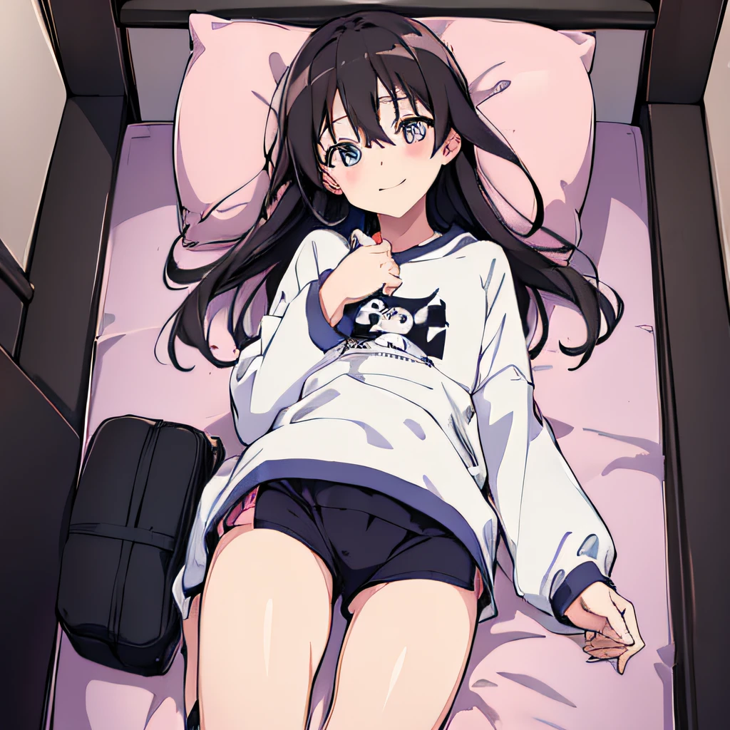 ((masutepiece)), ((Best Quality)), (Ultra-detailed), Anime style, on the bed, Cute s, 1girl in, Solo, Gym Shorts 00, ((Beautiful eyes))0, Smile,Dark hair