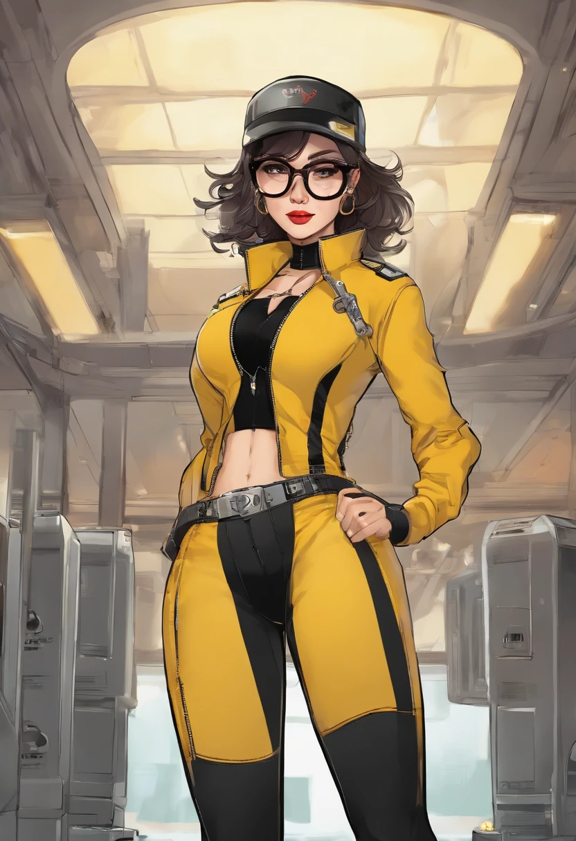 masterpiece, best quality, killjoy, green beanie, round glasses, yellow jacket, grey shirt, belt, black pants, upper body, computers, circuitry, robots, looking at viewer, smile, big breasts, very big breasts, big hips, very big hips, short, shortstack, cameltoe, cameltoe visible through clothes, muscular, very visible abs, blushing