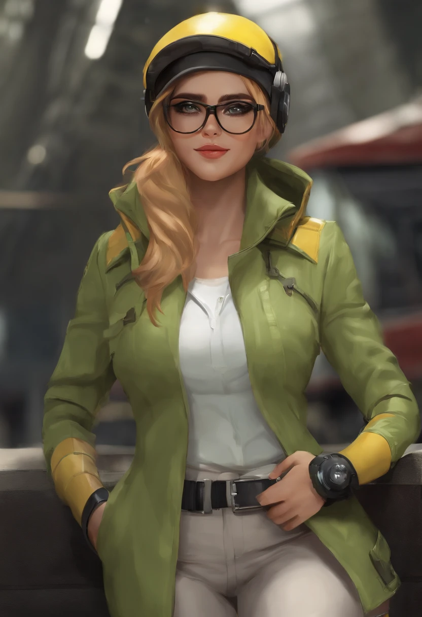 masterpiece, best quality, killjoy, green beanie, round glasses, yellow jacket, grey shirt, belt, black pants, upper body, computers, circuitry, robots, looking at viewer, smile, big breasts, very big breasts, big hips, very big hips, short, shortstack, cameltoe, cameltoe visible through clothes, muscular, very visible abs, blushing