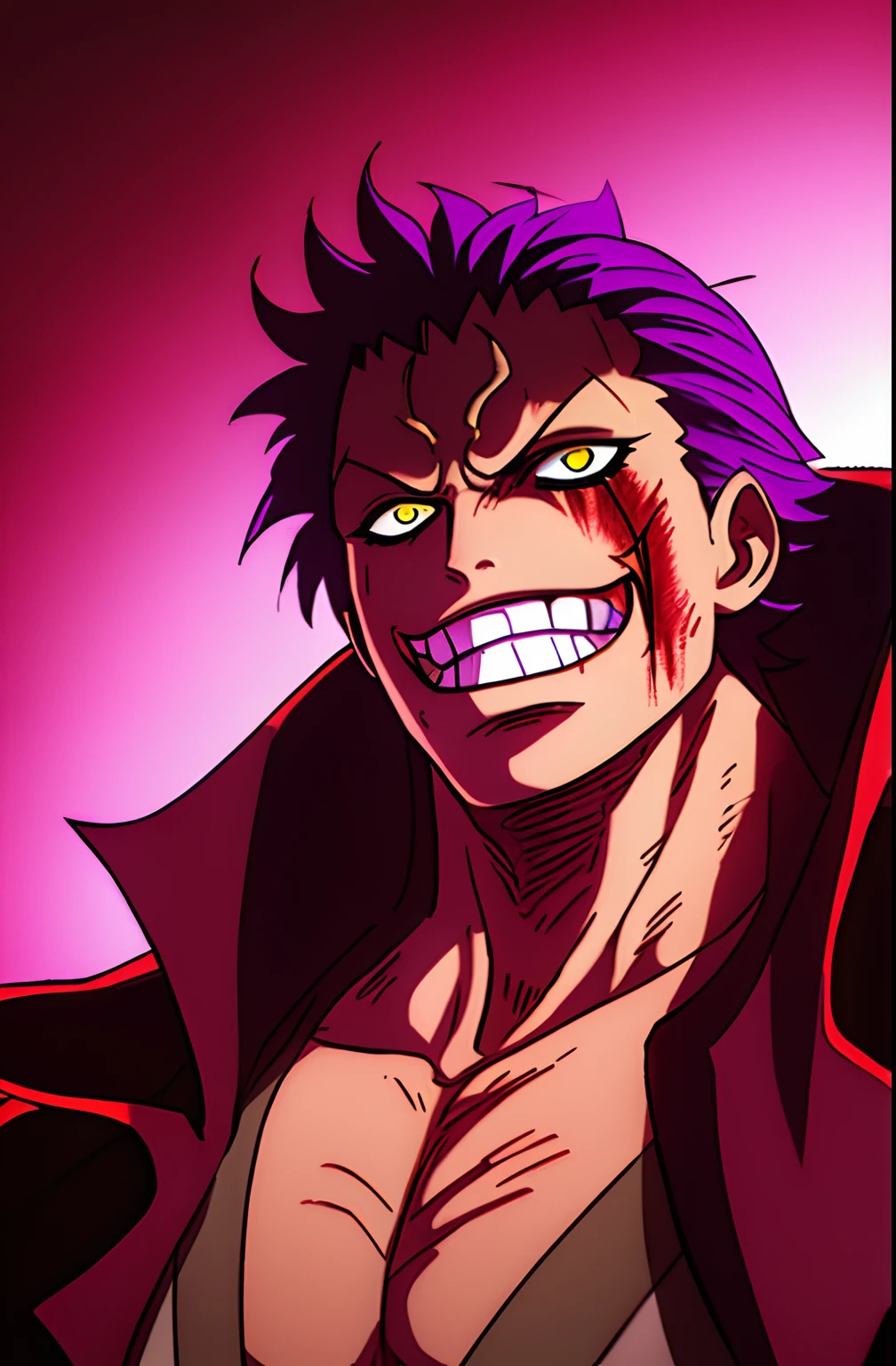 1boy, beastly, solo, upper body, ((masterpiece)), (best quality), (extremely detailed), depth of field, sketch, dark intense shadows, sharp focus, soft lighting, hdr, slightly colorful, good composition, wanostyle ,Purple Spikey Hairs , Mad Laugh , Yellow eyes , Has a little scar under the eye , Dark Pancho/Coat on the shoulders , Blood Moon background , Eclipse , one piece , one piece manga style , Pirate