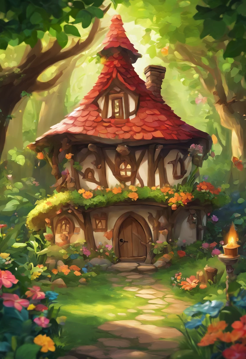 (Floresta de fantasia misteriosa:1.5),Uma cabine de hobbit, It is vividly portrayed in the work (best quality, 8k, Advanced resolution, master part: 1.2), Com detalhes ultradetalhados, (1.Realismo 4x, fotorrealista: 1.37). This fantasy forest is made of bright colors,dense trees,A weird and cute little tree,banhado no brilho quente do sol, Crie uma atmosfera alegre e extravagante. The house has been designed with great attention to detail, With a complex design and unique architecture, Semelhante a uma casa em forma de cogumelo。 (This fantasy forest is surrounded by lush greenery and colorful flowers), Elevate a captivating and magical environment。 A obra apresenta um estilo ilustrativo, Inspired by children's book illustrations, Ensures a glamorous and nostalgic touch. The color palette consists of vibrant rainbow colors, sete cores,Evocar sentimentos de alegria e ludicidade. Lighting accentuates the picturesque scene, Soft, warm shadows are created that add depth and warmth to the artwork. Every detail is presented impeccably, criando uma obra-prima visualmente impressionante,Capture the essence of the Hobbit Hut in the Forest of Fantasy.