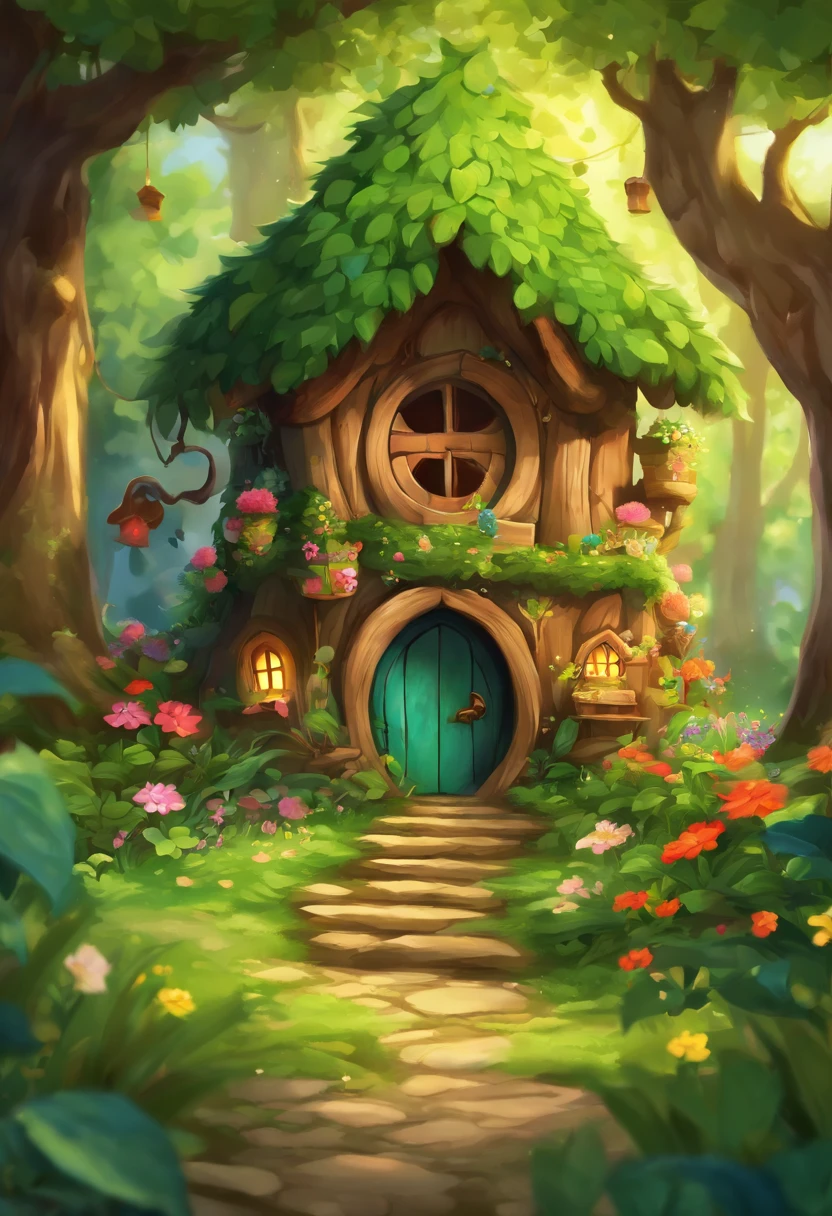 (Floresta de fantasia misteriosa:1.5)，Uma cabine de hobbit, It is vividly portrayed in the work (best quality, 8k, Advanced resolution, master part: 1.2), Com detalhes ultradetalhados， (1.Realismo 4x, fotorrealista: 1.37). This fantasy forest is made of bright colors，dense trees，A weird and cute little tree，banhado no brilho quente do sol, Crie uma atmosfera alegre e extravagante. The house has been designed with great attention to detail, With a complex design and unique architecture, Semelhante a uma casa em forma de cogumelo。 (This fantasy forest is surrounded by lush greenery and colorful flowers), Elevate a captivating and magical environment。 A obra apresenta um estilo ilustrativo, Inspired by children's book illustrations, Ensures a glamorous and nostalgic touch. The color palette consists of vibrant rainbow colors, sete cores，Evocar sentimentos de alegria e ludicidade. Lighting accentuates the picturesque scene, Soft, warm shadows are created that add depth and warmth to the artwork. Every detail is presented impeccably, criando uma obra-prima visualmente impressionante，Capture the essence of the Hobbit Hut in the Forest of Fantasy.