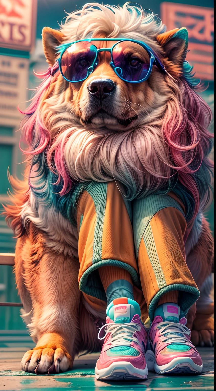 best quality,4k,8k,Altas,master part:1.2,ultra-detalhado,Realistic:1.37,chow chow fashionable dog in miami,neon lights,cores brilhantes,sun glasses,Retro style,Vibe dos anos 80,fundo vibrante,Palmeiras,cena de praia,Ondas,Playful poses,cold and confident expression,colarinho estiloso,thick sneakers,gradient sunset,holographic elements,Detalhes cintilantes,Retrofuturistic aesthetics,cultura urbana moderna,Vivid shades of pink and blue,studio lighting