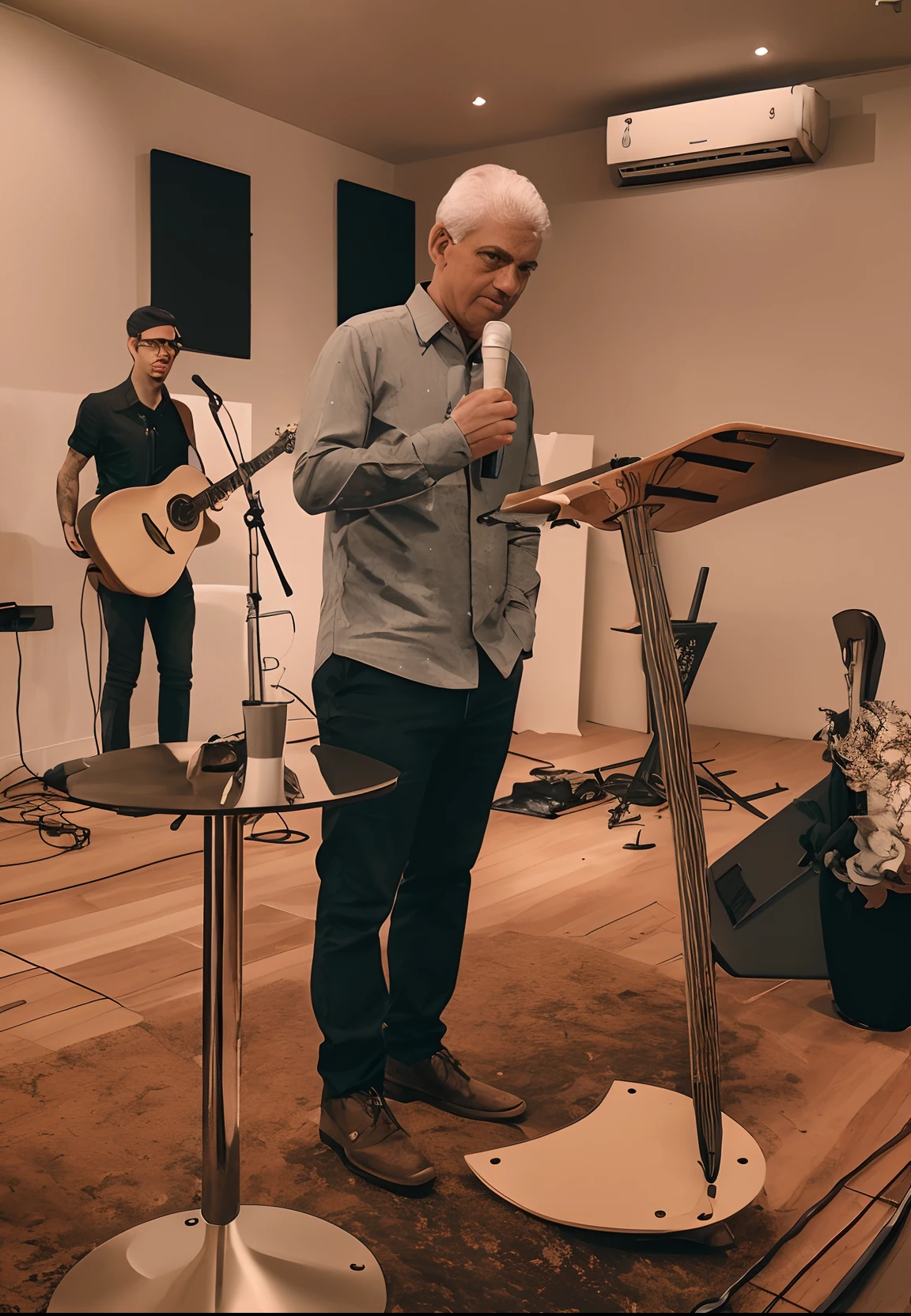 There's a man standing on a podium with a guitar, Cristiano Orrillo, he is! cerca de 3 0 anos de idade, victor maristane, andres rios, José Moncada, Christian, Capturado no iPhone, Directed by: David Ruby, no altar, por Julius como se, Andreas, na igreja, tomada em 2 0 2 0