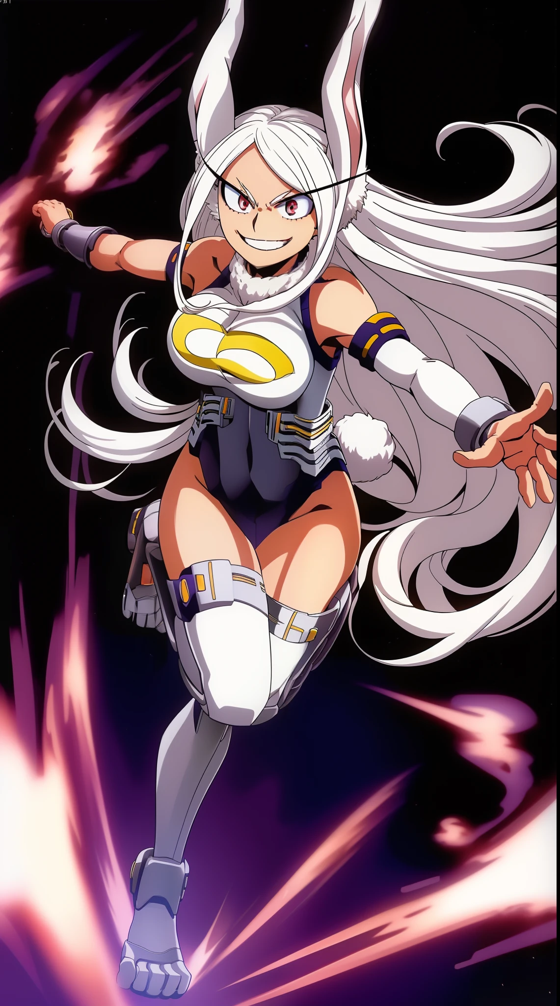 scan, (extremely detailed CG unity 8k wallpaper:1.1), highres, ambient light, (1girl), mirkomha, boku no hero academia, rabbit ears, ((dark skin:1.5)), red eyes, (white hair, long hair), large breasts, leotard, full body, feet,,darkskinned-female, crazy smile, determined smile