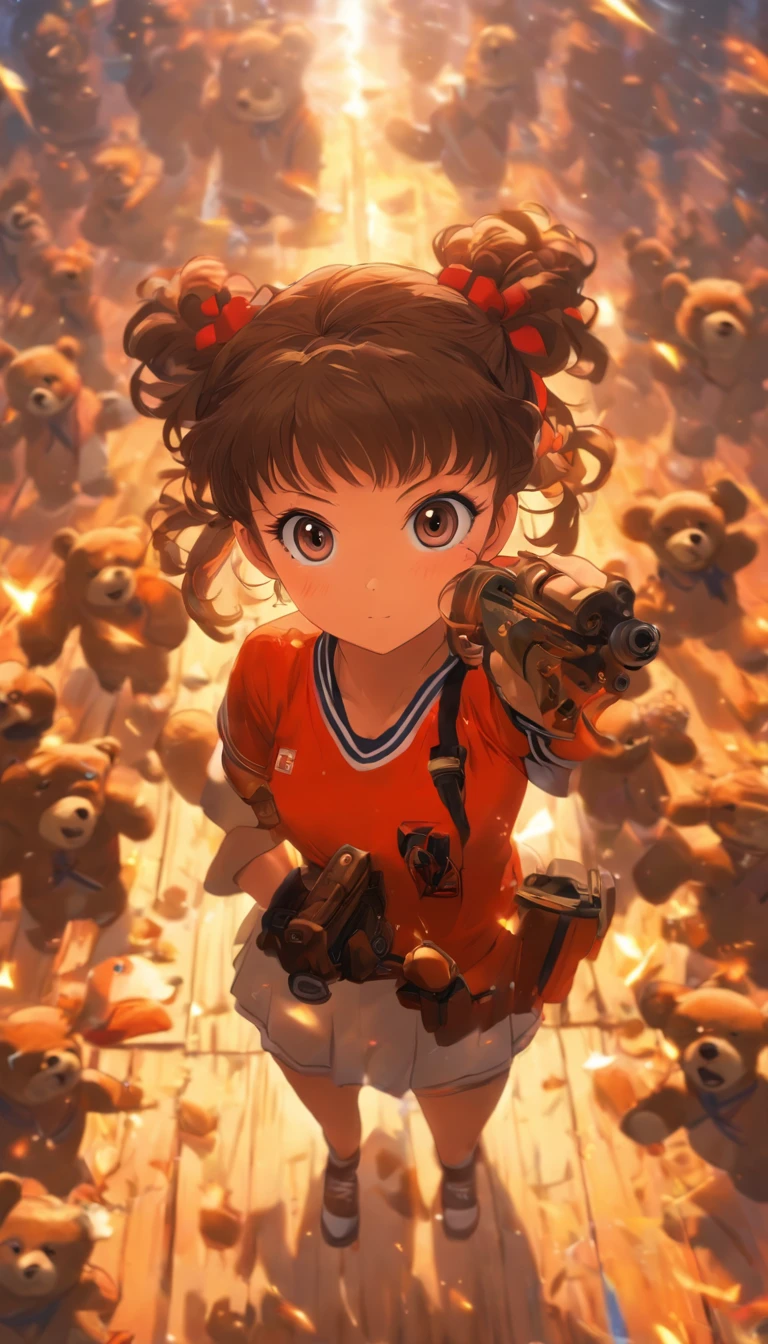 foreshortening, depth of fields, masutepiece, Best Quality, 1girl in, Brown hair, Black eyes, Middle hair, Twin Chignon, Solo, Bust-up standing picture, a sailor suit, Carrying a chainsaw in full view, Solid and solid color backgrounds, Wearing Teddy Bear Accessories,