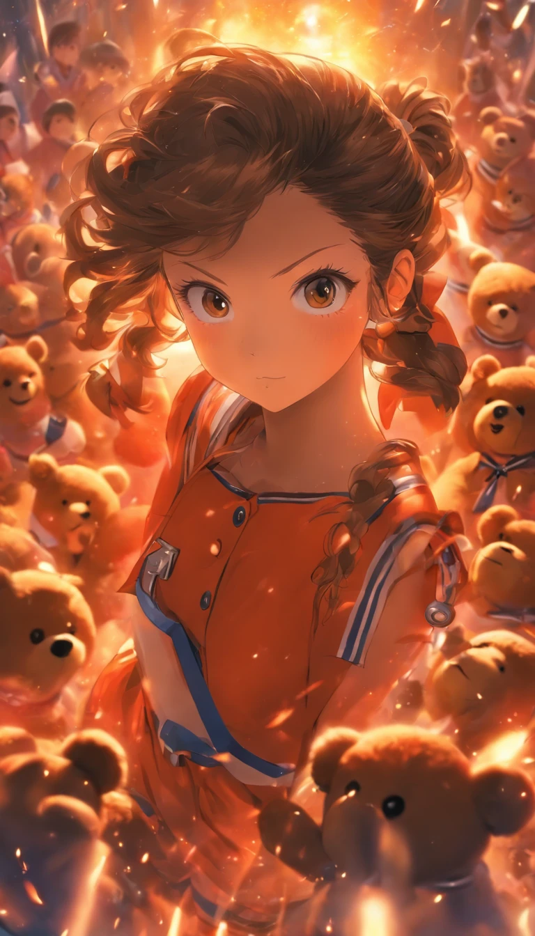 foreshortening,  depth of fields, masutepiece, Best Quality, 1girl in, Brown hair, Black eyes, Middle hair, Twin Chignon, Solo, Bust-up standing picture, a sailor suit, Carrying a chainsaw in full view,  Solid and solid color backgrounds, Wearing Teddy Bear Accessories,