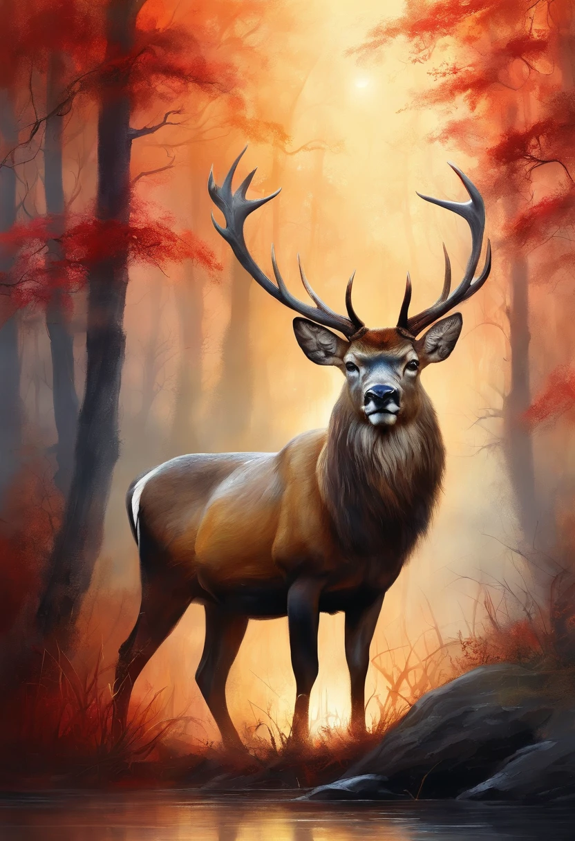 "((Masterpiece)) Red deer in ((Foggy)) ,((Magical dark forest :1.2))at dusk at golden hour, with ((It is recommended to use strong shadows in the scene:1.2)), Glowing magic lion,Golden glowing flowers ,((glowing butterflies )), Beautiful magical style, Golden water reflection,Fierce, concept-art, Digital painting." 8K