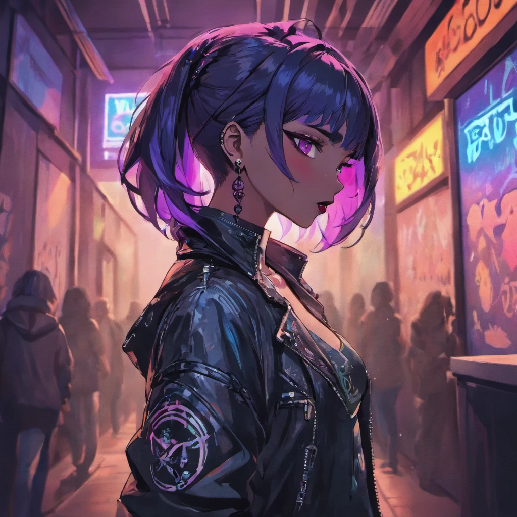 (aesthetic:1.1)A beautiful brunette woman with body piercings, (best quality, highres), (realistic,photorealistic:1.37)details and (vivid colors). She has (piercings) on her (earlobes), (nose), and (belly button). Her (hair) is (long) and (wavy), falling down to her mid-back. She has (expressive eyes) with (long eyelashes) and (defined eyeliner), giving her a (seductive) and (mysterious) look.
She is wearing a (black leather jacket) and a (choker necklace) that adds to her (edgy) and (rebellious) style. Her (makeup) is (bold) and (dramatic), with (dark lipstick) and (smokey eyes). Her (clothing) is (tight-fitting) and (revealing), showing off her (tattoos) and the distinct (body piercings).
The background is a (dimly lit) room with (subtle neon lights) creating an (intimate) and (moody) atmosphere. There are (graffiti) on the walls, adding to the (urban) and (alternative) vibe.
The overall artwork is done in a (gritty) and (grungy) style, resembling a (mixed media) collage of (photography) and (hand-drawn) elements. The colors are (saturated) and (contrasting), with a (cool color palette) dominated by (blues) and (purples).
The lighting focuses on the woman's face and body, creating (strong shadows) and (highlighting) the (details) of her piercings and tattoos. The (bokeh) effect in the background adds a sense of depth and captures the viewer's attention on the main subject.
The final image is a (masterpiece) with (ultra-detailed) textures and (sharp focus), showcasing the woman's unique style and personality.