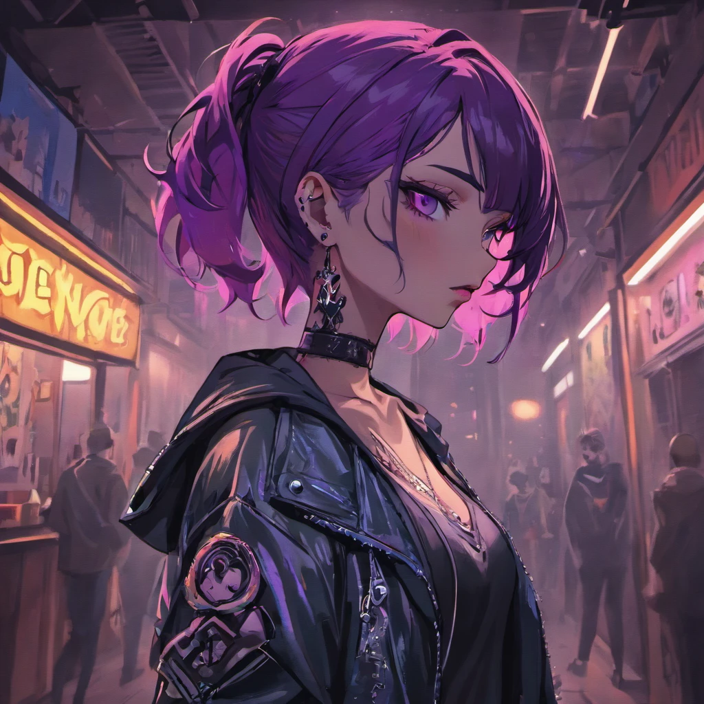 (aesthetic:1.1)A beautiful brunette woman with body piercings, (best quality, highres), (realistic,photorealistic:1.37)details and (vivid colors). She has (piercings) on her (earlobes), (nose), and (belly button). Her (hair) is (long) and (wavy), falling down to her mid-back. She has (expressive eyes) with (long eyelashes) and (defined eyeliner), giving her a (seductive) and (mysterious) look.
She is wearing a (black leather jacket) and a (choker necklace) that adds to her (edgy) and (rebellious) style. Her (makeup) is (bold) and (dramatic), with (dark lipstick) and (smokey eyes). Her (clothing) is (tight-fitting) and (revealing), showing off her (tattoos) and the distinct (body piercings).
The background is a (dimly lit) room with (subtle neon lights) creating an (intimate) and (moody) atmosphere. There are (graffiti) on the walls, adding to the (urban) and (alternative) vibe.
The overall artwork is done in a (gritty) and (grungy) style, resembling a (mixed media) collage of (photography) and (hand-drawn) elements. The colors are (saturated) and (contrasting), with a (cool color palette) dominated by (blues) and (purples).
The lighting focuses on the woman's face and body, creating (strong shadows) and (highlighting) the (details) of her piercings and tattoos. The (bokeh) effect in the background adds a sense of depth and captures the viewer's attention on the main subject.
The final image is a (masterpiece) with (ultra-detailed) textures and (sharp focus), showcasing the woman's unique style and personality.