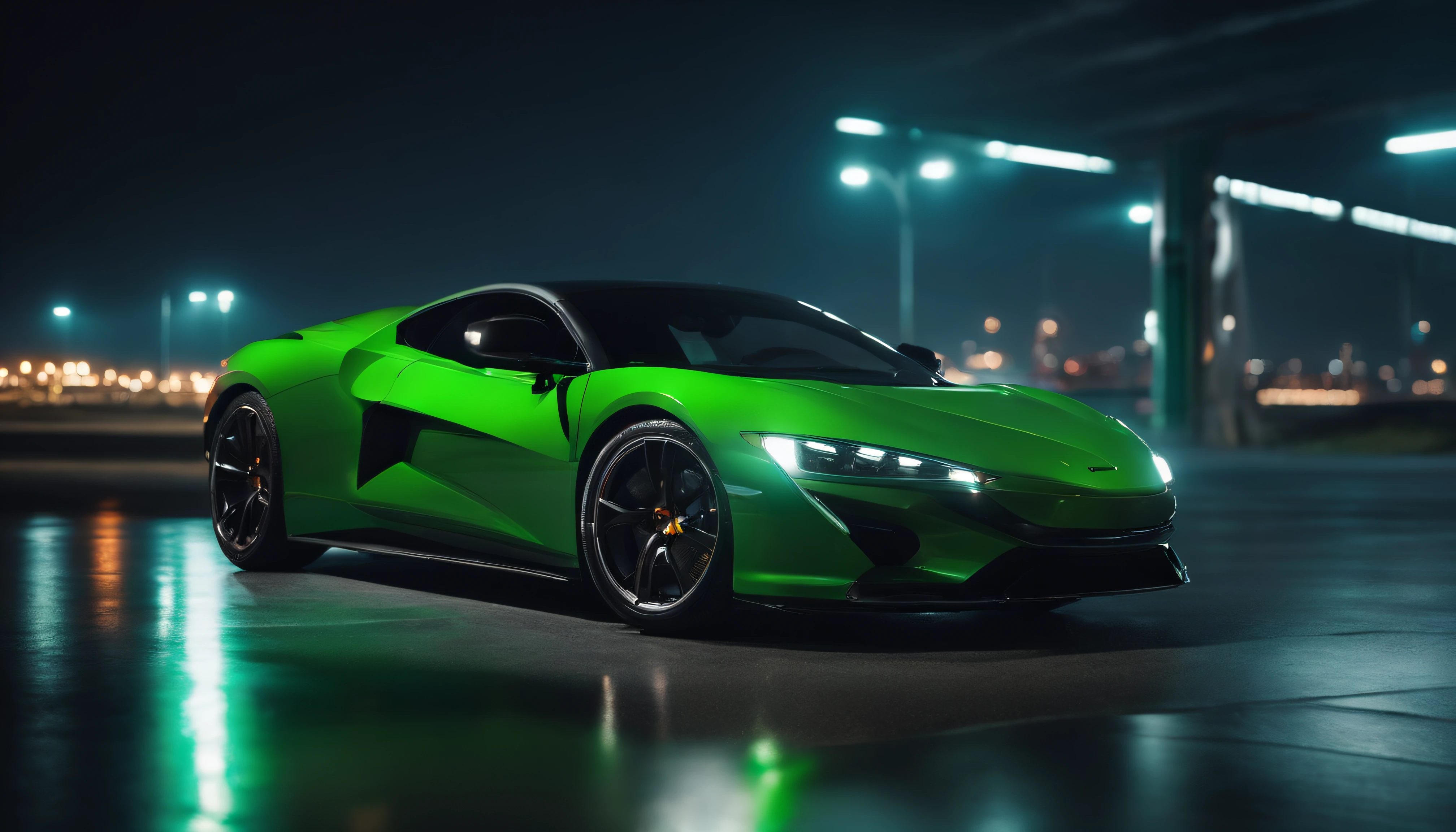 Green sports car fueling at night, high detail, cinematic lighting, caustics, multiple views, high details, high quality, best quality, 4K