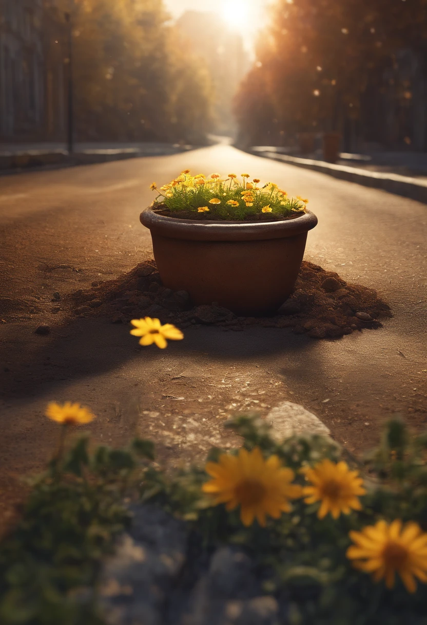 A micro-tiny clay pot full of dirt with a beautiful daisie planted in it, shining in the autumn sun on a road in an abandoned city, fiction, wallpaper, character, cg artwork, art, flash photography