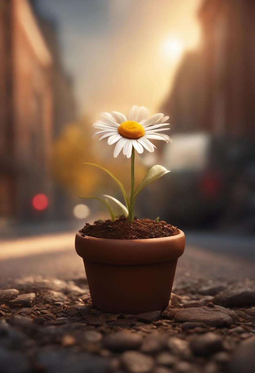 A micro-tiny clay pot full of dirt with a beautiful daisie planted in it, shining in the autumn sun on a road in an abandoned city, fiction, wallpaper, character, cg artwork, art, flash photography
