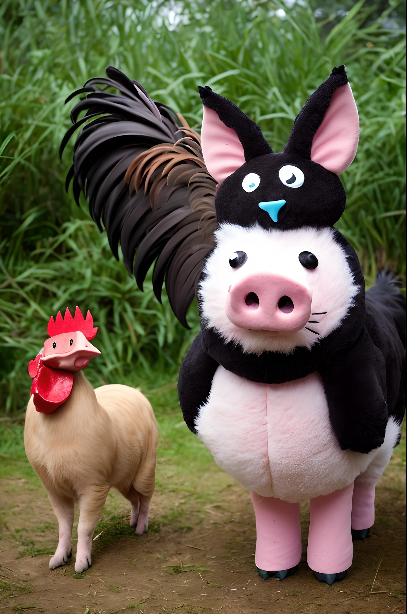 Make a cat with a rooster's head and a pig's leg