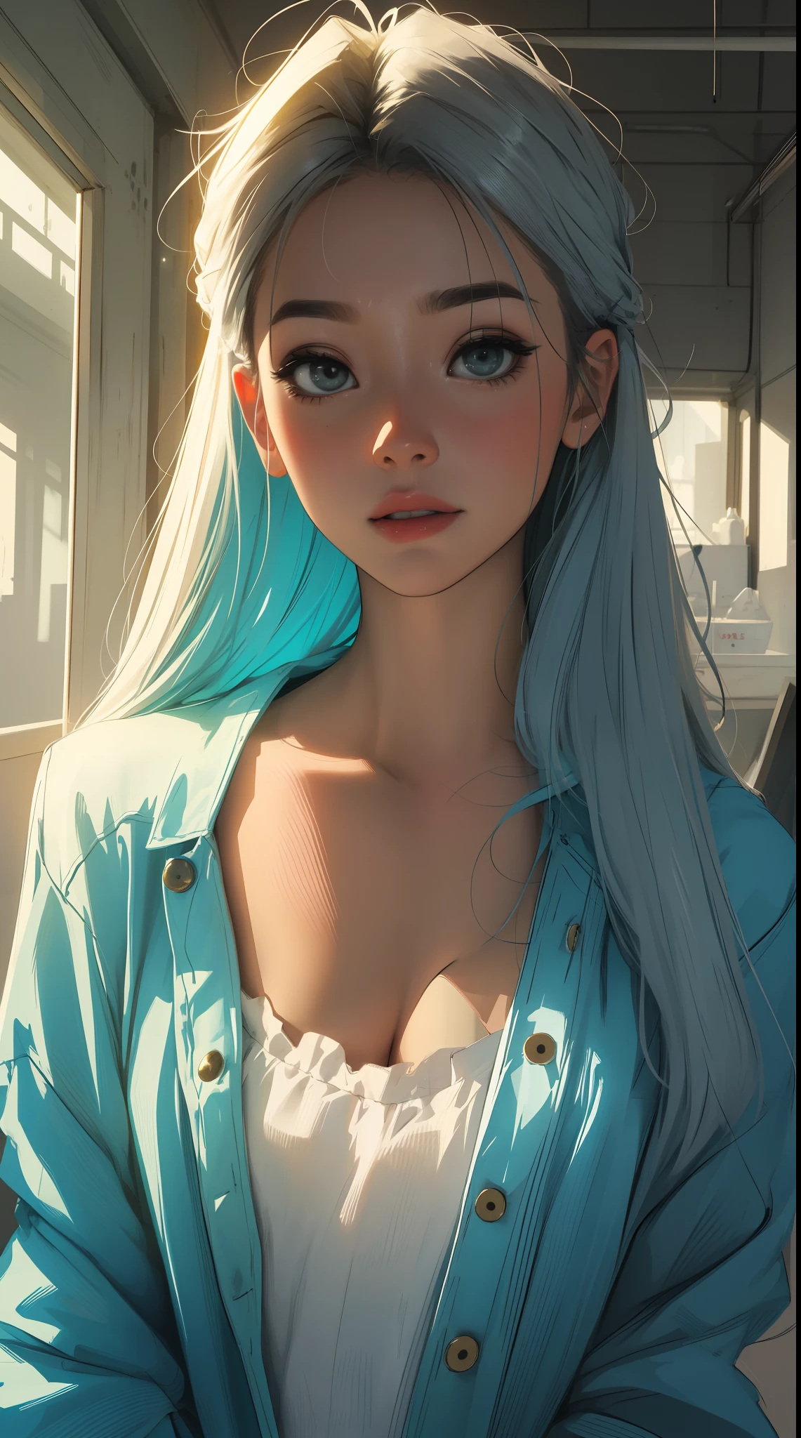 Light blue and green gradient hair, blue eyes, long hair, nudity