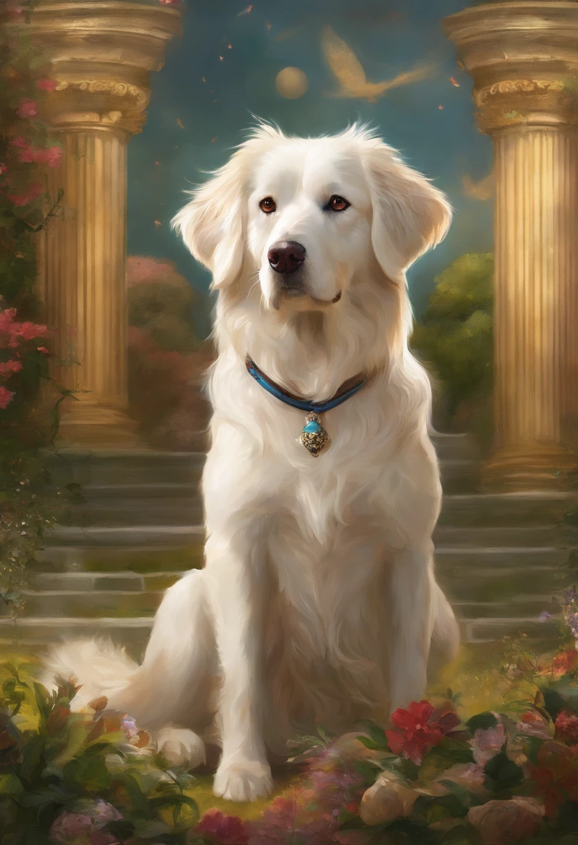 There is a dog standing in a baroque palace garden half dog, Aussie, canino, matungo, extremamente bonito, Regal Pose, adult dog, pelo ondulado longo, 2 anos, imagem retrato, Schiztuz Breed Black Long Ears and Bandana Print of Angry Birds Portrait in the middle of the photo, Retrato grande, happy dog, medium breed, ultra realistic, Detalhes altos, High definition