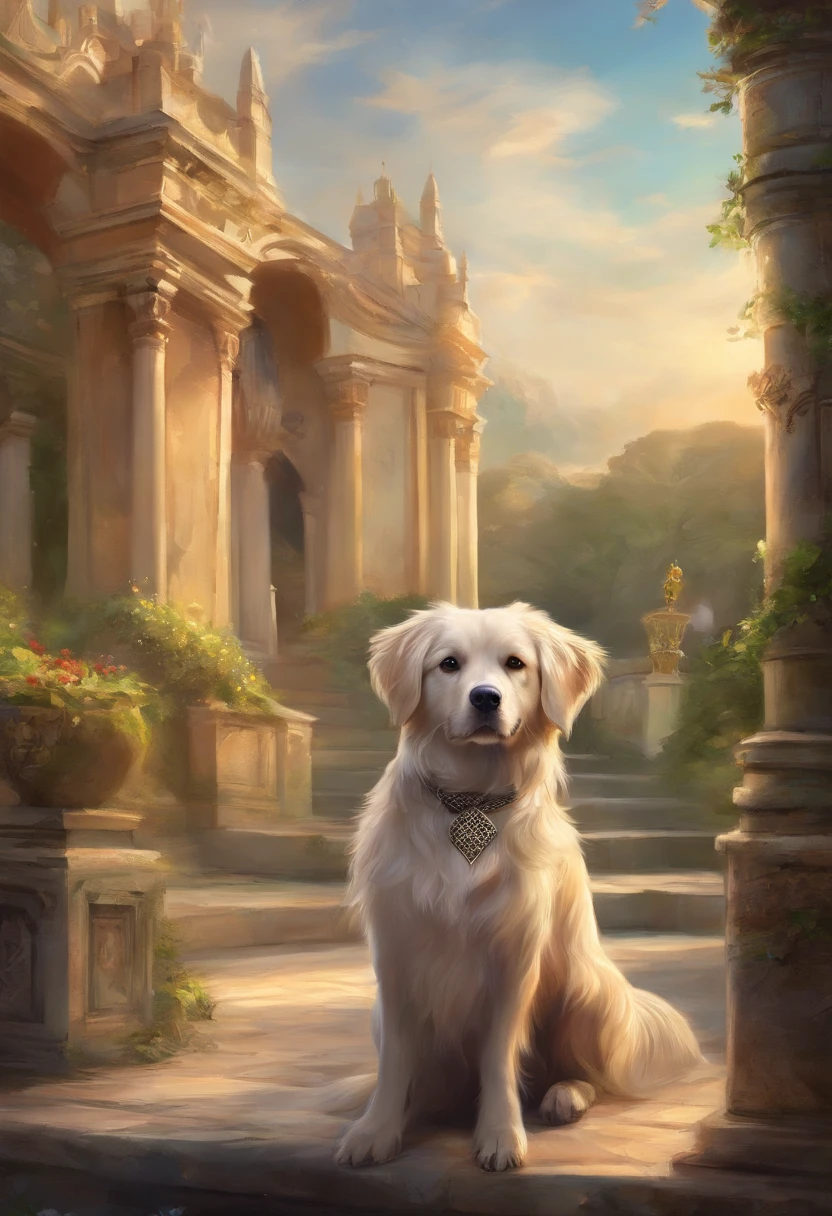 There is a dog standing in a baroque palace garden half dog, Aussie, canino, matungo, extremamente bonito, Regal Pose, adult dog, pelo ondulado longo, 2 anos, imagem retrato, Schiztuz Breed Black Long Ears and Bandana Print of Angry Birds Portrait in the middle of the photo, Retrato grande, happy dog, medium breed, ultra realistic, Detalhes altos, High definition