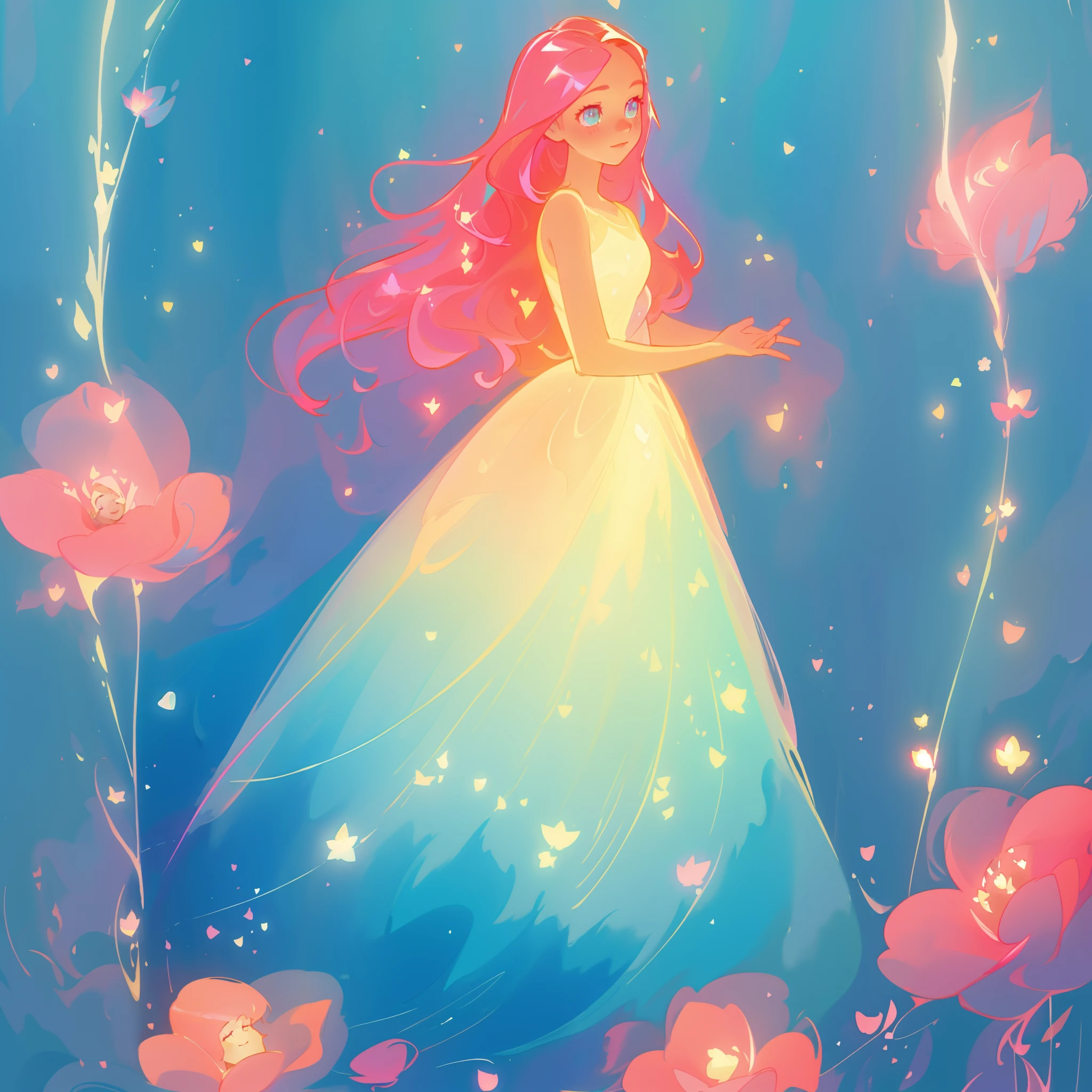 beautiful girl in flowing gradient layered ballgown, flowing pink hair, whimsical fantasia and flowers background, vibrant pastel colors, (colorful), magical lights, magical flowers, flowers, glowing lights, red pink long wavy hair, sparkling lines of light, inspired by Glen Keane, inspired by Lois van Baarle, disney art style, by Lois van Baarle, glowing aura around her, by Glen Keane, jen bartel, glowing lights! digital painting, flowing glowing hair, glowing flowing hair, beautiful digital illustration, fantasia background, whimsical, magical, fantasy, beautiful face, ((masterpiece, best quality)), intricate details, highly detailed, sharp focus, 8k resolution, sparkling detailed eyes, liquid watercolor