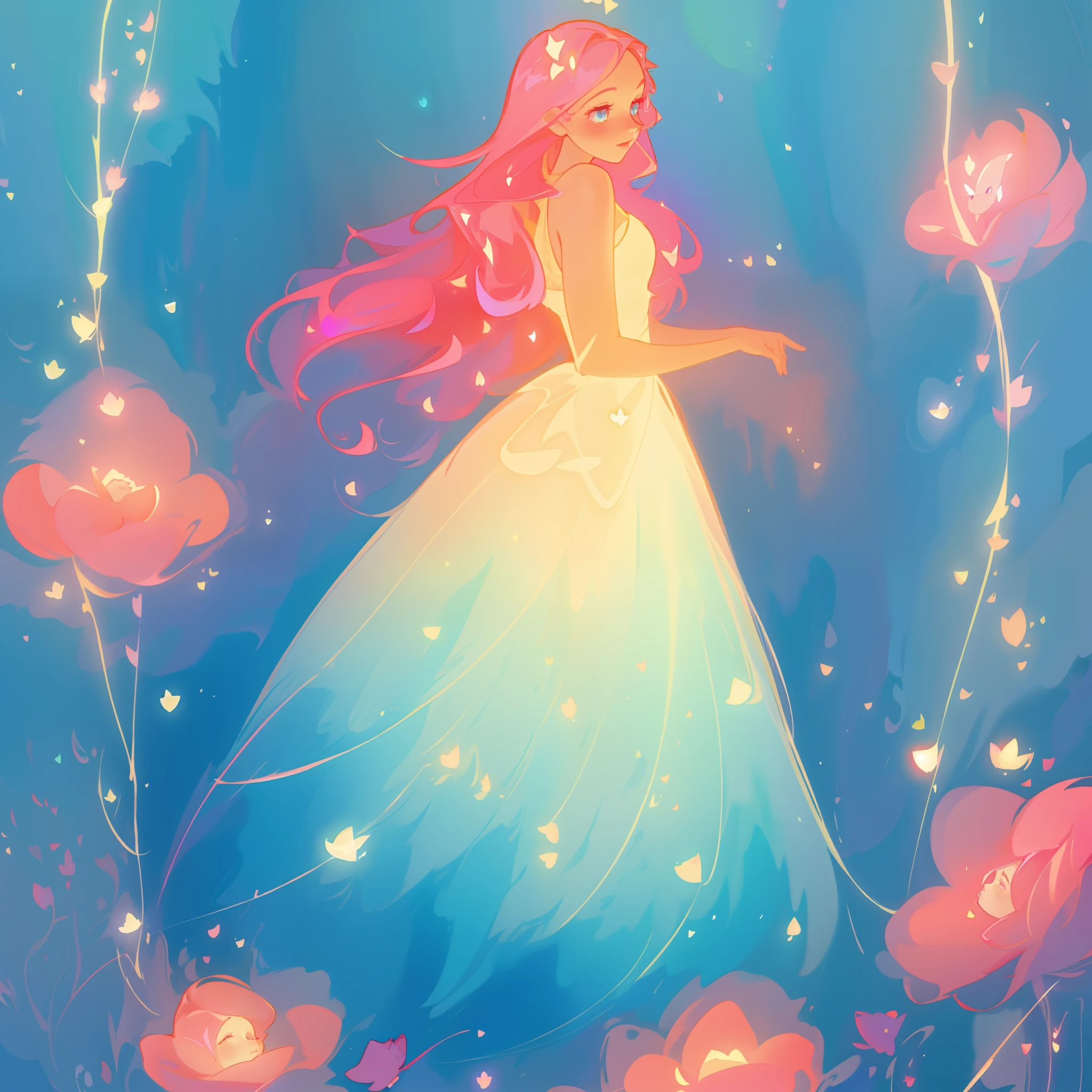 beautiful girl in flowing gradient layered ballgown, flowing pink hair, whimsical fantasia and flowers background, vibrant pastel colors, (colorful), magical lights, magical flowers, flowers, glowing lights, red pink long wavy hair, sparkling lines of light, inspired by Glen Keane, inspired by Lois van Baarle, disney art style, by Lois van Baarle, glowing aura around her, by Glen Keane, jen bartel, glowing lights! digital painting, flowing glowing hair, glowing flowing hair, beautiful digital illustration, fantasia background, whimsical, magical, fantasy, beautiful face, ((masterpiece, best quality)), intricate details, highly detailed, sharp focus, 8k resolution, sparkling detailed eyes, liquid watercolor