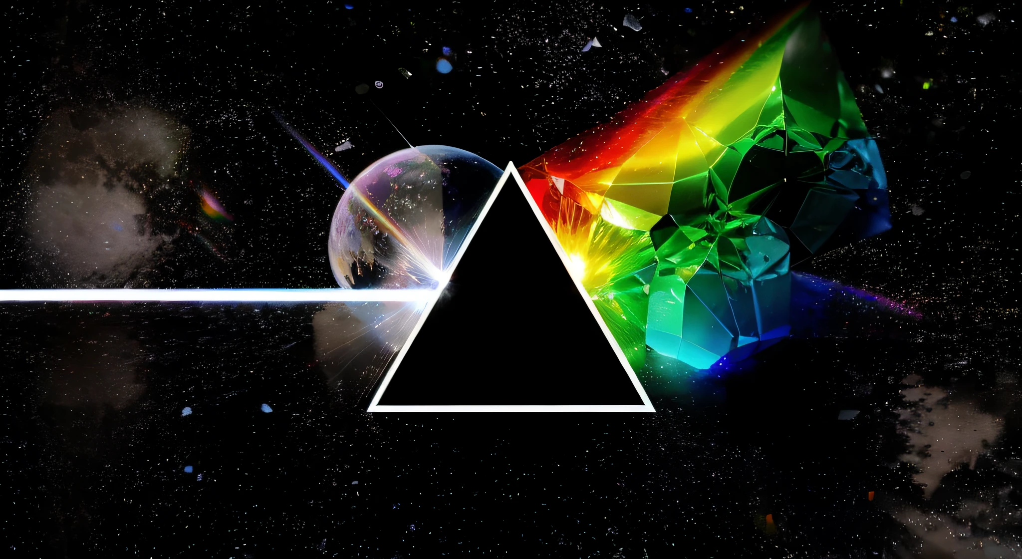A closeup of a dark side of the moon with a rainbow light, O lado escuro da lua, prisma, Pink Floyd, Pink Floyd album cover, inspirado em Storm Thorgerson, light scattering, refraction of the color spectrum, 3D style light refraction, lado escuro, highly accurate light refraction, pyramid background, prismatic lights, Light refraction.maxima qualidade,ultra realismo,cores profundas