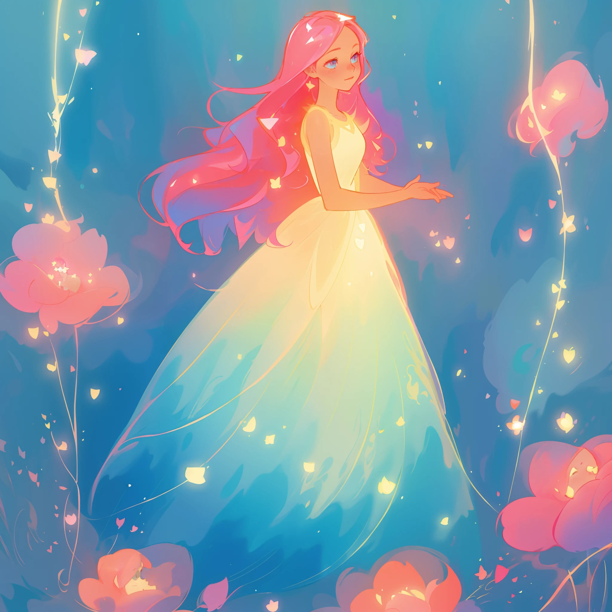 beautiful girl in flowing gradient layered ballgown, flowing pink hair, whimsical fantasia and flowers background, vibrant pastel colors, (colorful), magical lights, magical flowers, flowers, glowing lights, red pink long wavy hair, sparkling lines of light, inspired by Glen Keane, inspired by Lois van Baarle, disney art style, by Lois van Baarle, glowing aura around her, by Glen Keane, jen bartel, glowing lights! digital painting, flowing glowing hair, glowing flowing hair, beautiful digital illustration, fantasia background, whimsical, magical, fantasy, beautiful face, ((masterpiece, best quality)), intricate details, highly detailed, sharp focus, 8k resolution, sparkling detailed eyes, liquid watercolor