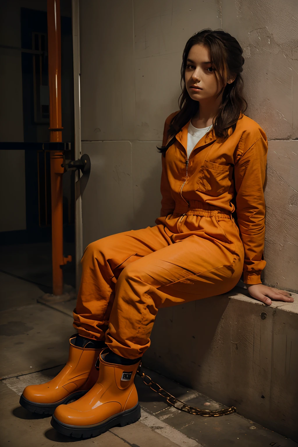a girl in jail wearing an orange prison jumpsuit and Hunter rainboots, with cuffs and chains on her ankles