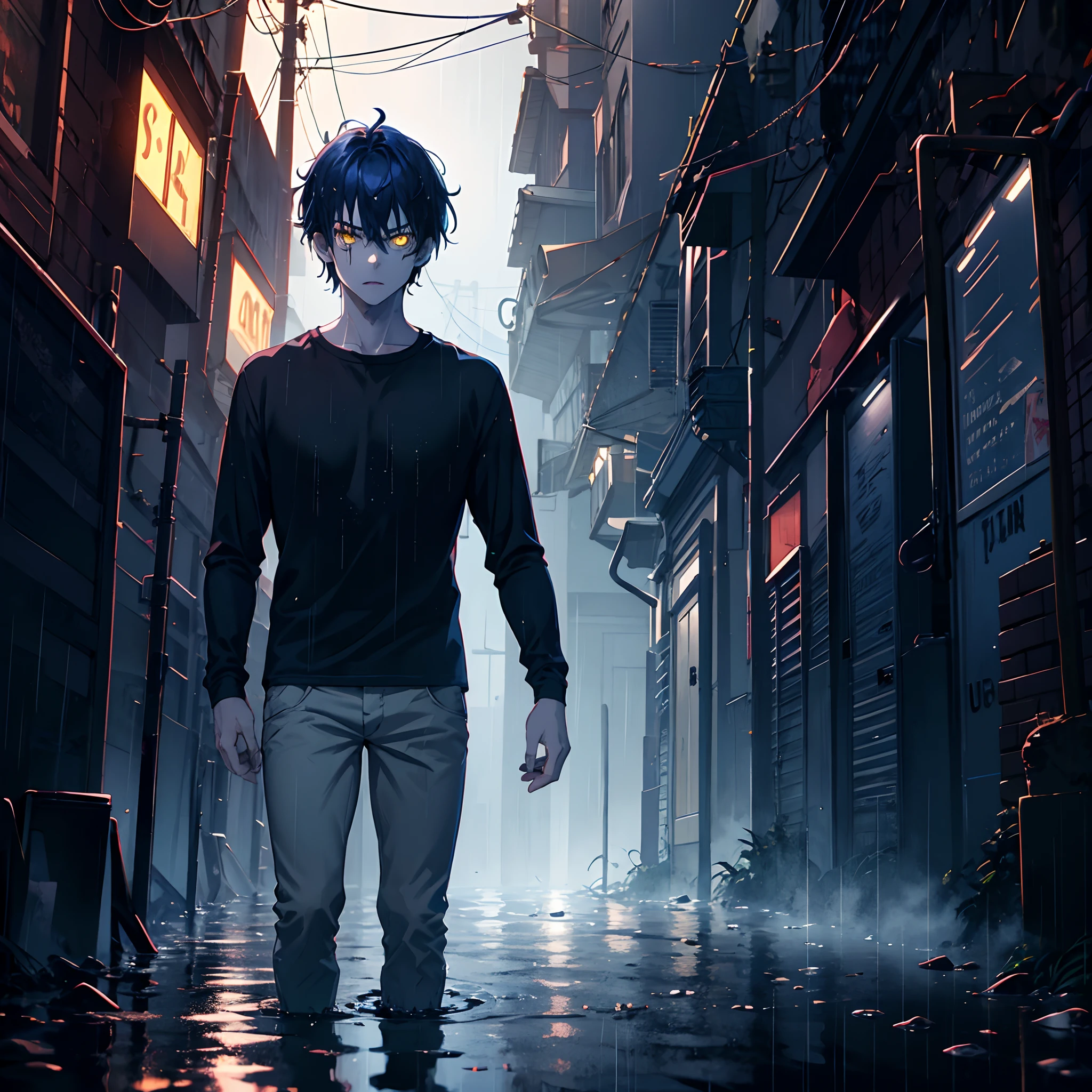 young boy, pale skin, blue shirt, very dark blue hair, Gray pants, gloomy yellow eyes, walking in an alley, horror scene, heavy rain, fog, darkness, night, puddles of water, 8k, gloomy face, dark, scary, threatening, best quality, detailed face, detailed body, great resolution