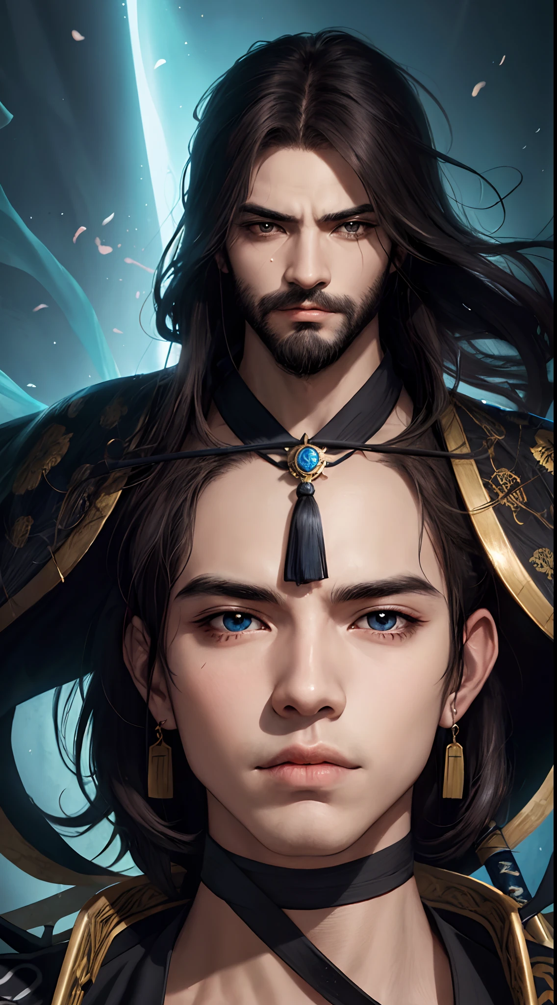 Homem, anime, forte, guerreiro, katana, olhos azuis, cicatriz no olho, magia, barba,