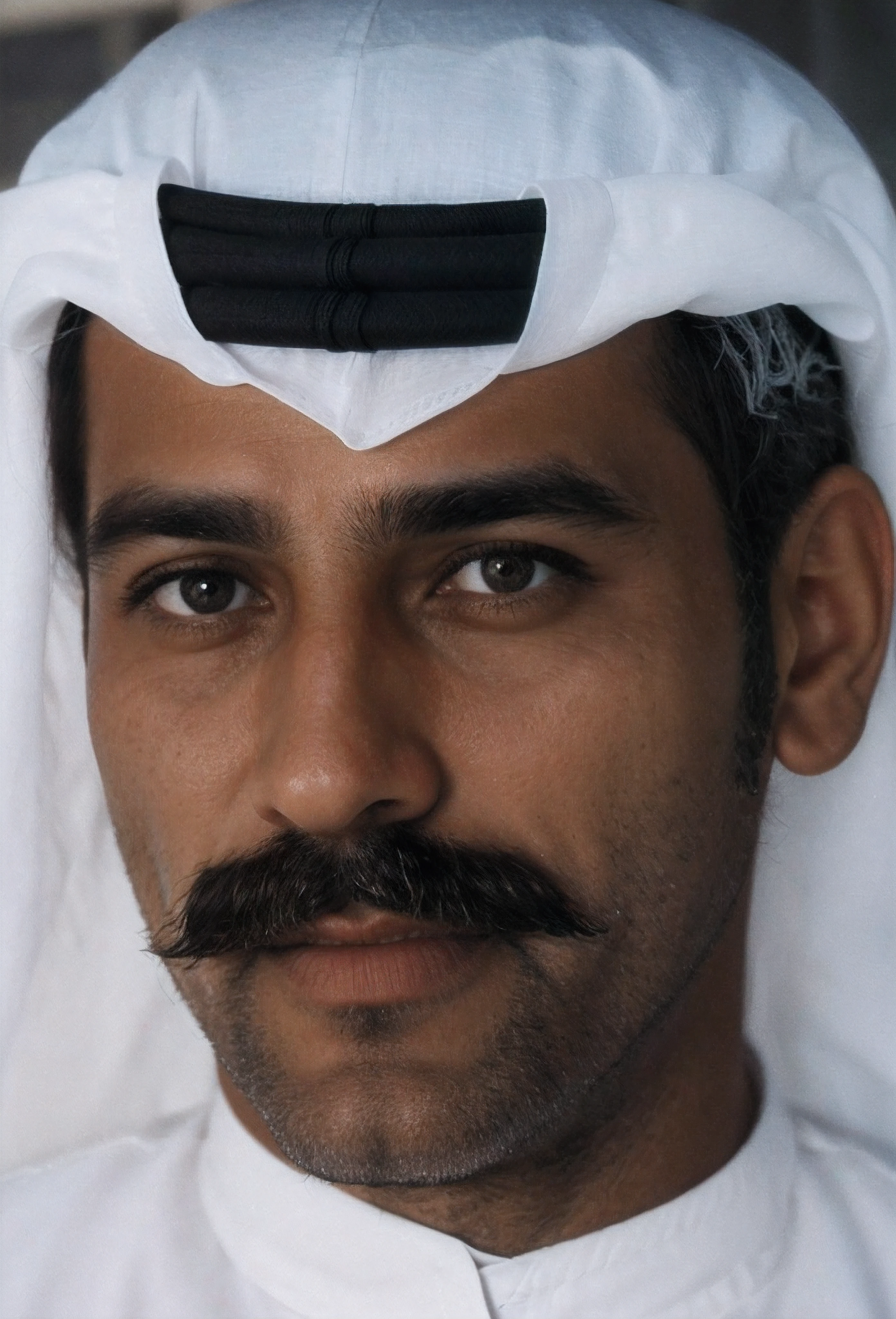 Homem com bigode e camisa branca, Portrait of Bedouin, arab man, retrato detalhado, barba grisalha na face, olhos pretos, raw photo, amazing photograph, best quality, 8K, high quality, Ultra detailed, (best quality), (high detailed skin, full sharp:1.2), 8k uhd, dslr, detailed face