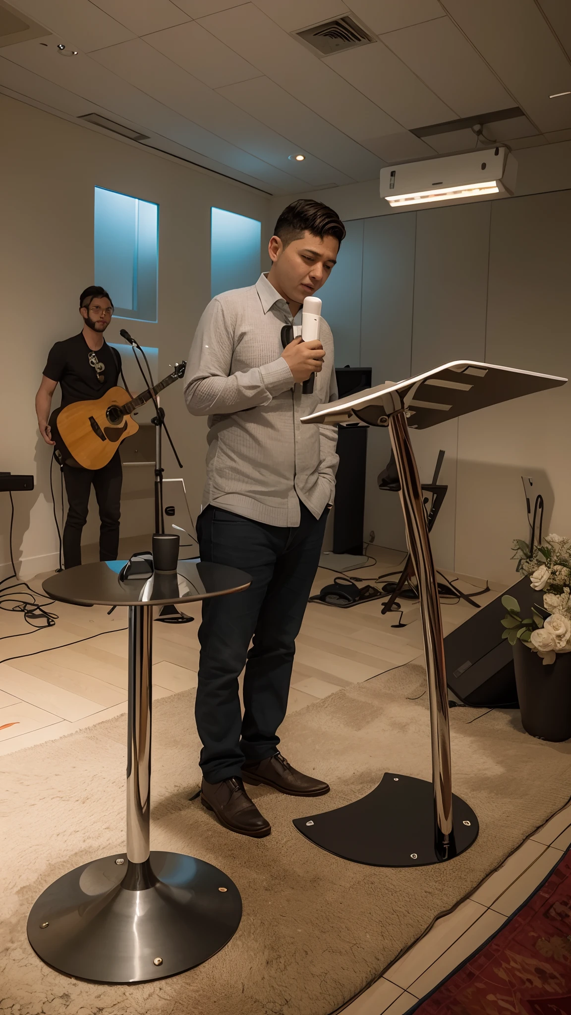There's a man standing on a podium with a guitar, Cristiano Orrillo, he is! cerca de 3 0 anos de idade, victor maristane, andres rios, José Moncada, Christian, Capturado no iPhone, Directed by: David Ruby, no altar, por Julius como se, Andreas, na igreja, Jose Miguel Romano Francisca