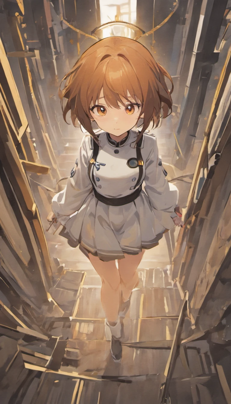 foreshortening, depth of fields, masutepiece, Best Quality, 1girl in, Brown hair, Black eyes, Middle hair, Twin Chignon, Solo, Bust-up standing picture, White sailor suit, Carry the chainsaw in full view, Simple background with a single color, Wear two teddy bear accessories, Gentle expression,