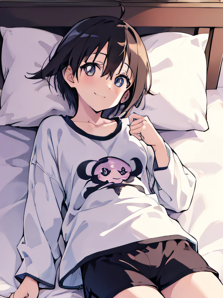 ((masutepiece)), ((Best Quality)), (Ultra-detailed), Anime style, on the bed, Cute little girl s, 1girl in, Solo, Gym Shorts 00, ((Beautiful eyes))0, Smile,Dark hair