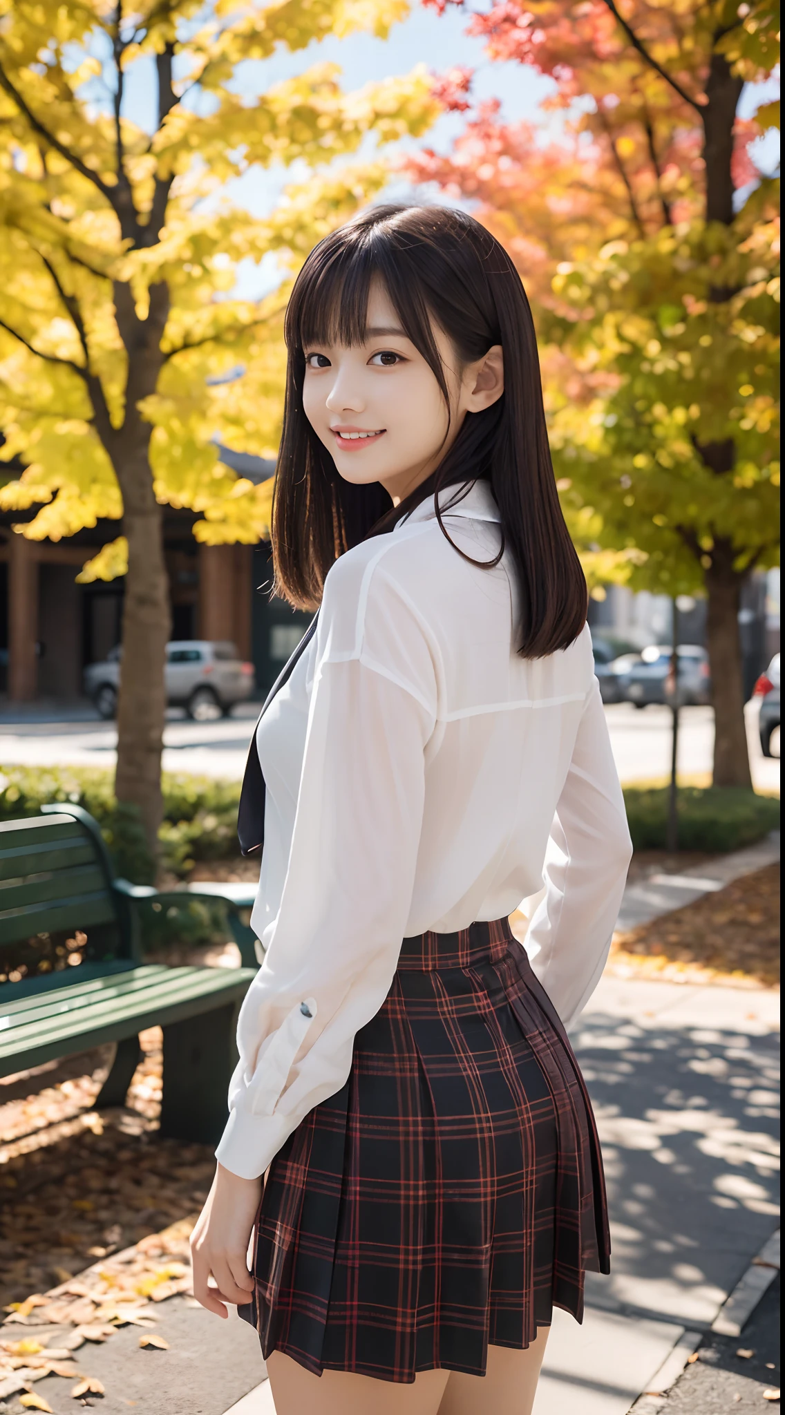 (Official art、Best Quality、Unity 8k Wallpapers、32K、masterpiece、ultra-detailliert、超A high resolution、realisitic、Photorealsitic、Raw photo:1.2)、(Full body)、Fireglow effect、film grains、Best Shadows、Rim lighting、side lights、realistic shadow、Full body, blurry backround、beauitful face、(super detailed skin、detailed skin textures:1.3)、In a large building、A bench is placed under the tree in front of you, japanese high school, autum, masterpiece, during autumn, Monokubo, Vivid colors, october, in autumn, School, beautiful image、Curve、thighs thighs thighs thighs、18-year-old beautiful girl、Beautiful black color hair、Blunt bangs、blazers、Plaid tie、Confucius Mini Skirt、white sock、dynamicposes、Gentle smile